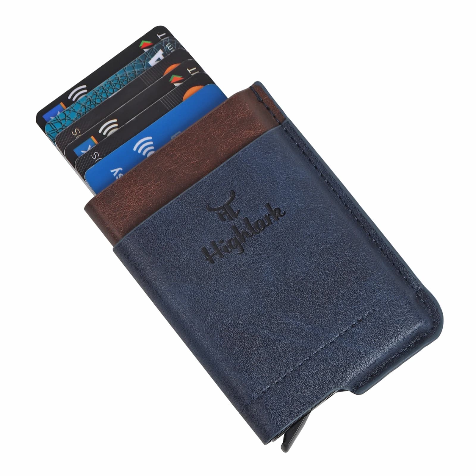 : Highlark Automatic Pop-Up RFID Blocking Smart Wallet & Card Holder – Navy Blue & Walnut Brown 2
