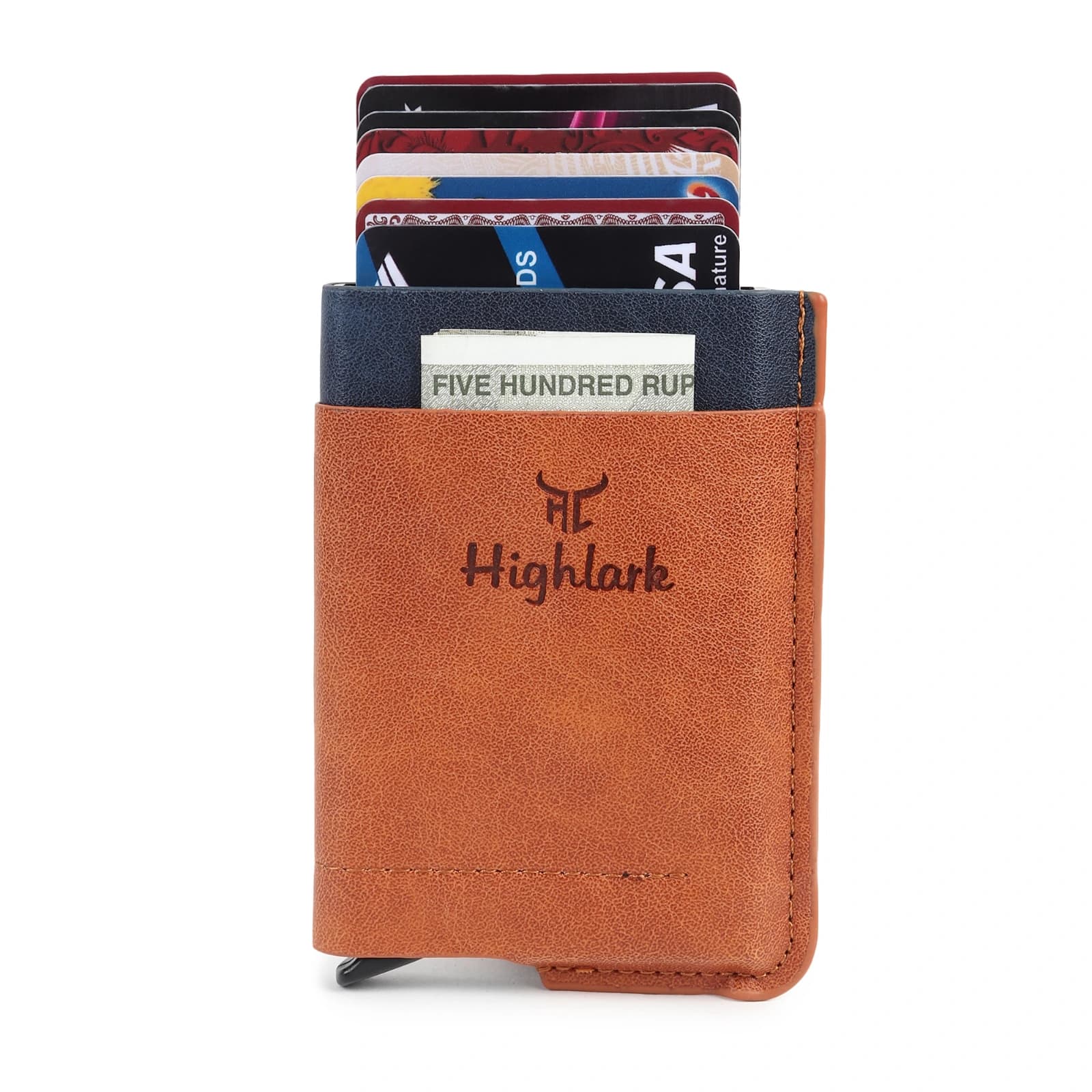 Highlark Automatic Pop-Up RFID Blocking Smart Wallet & Card Holder with Cash Pocket – Tan & Navy Blue 1