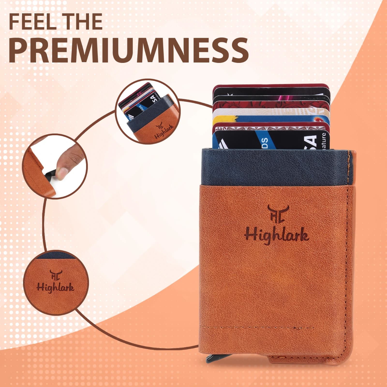 Highlark Automatic Pop-Up RFID Blocking Smart Wallet & Card Holder with Cash Pocket – Tan & Navy Blue 4