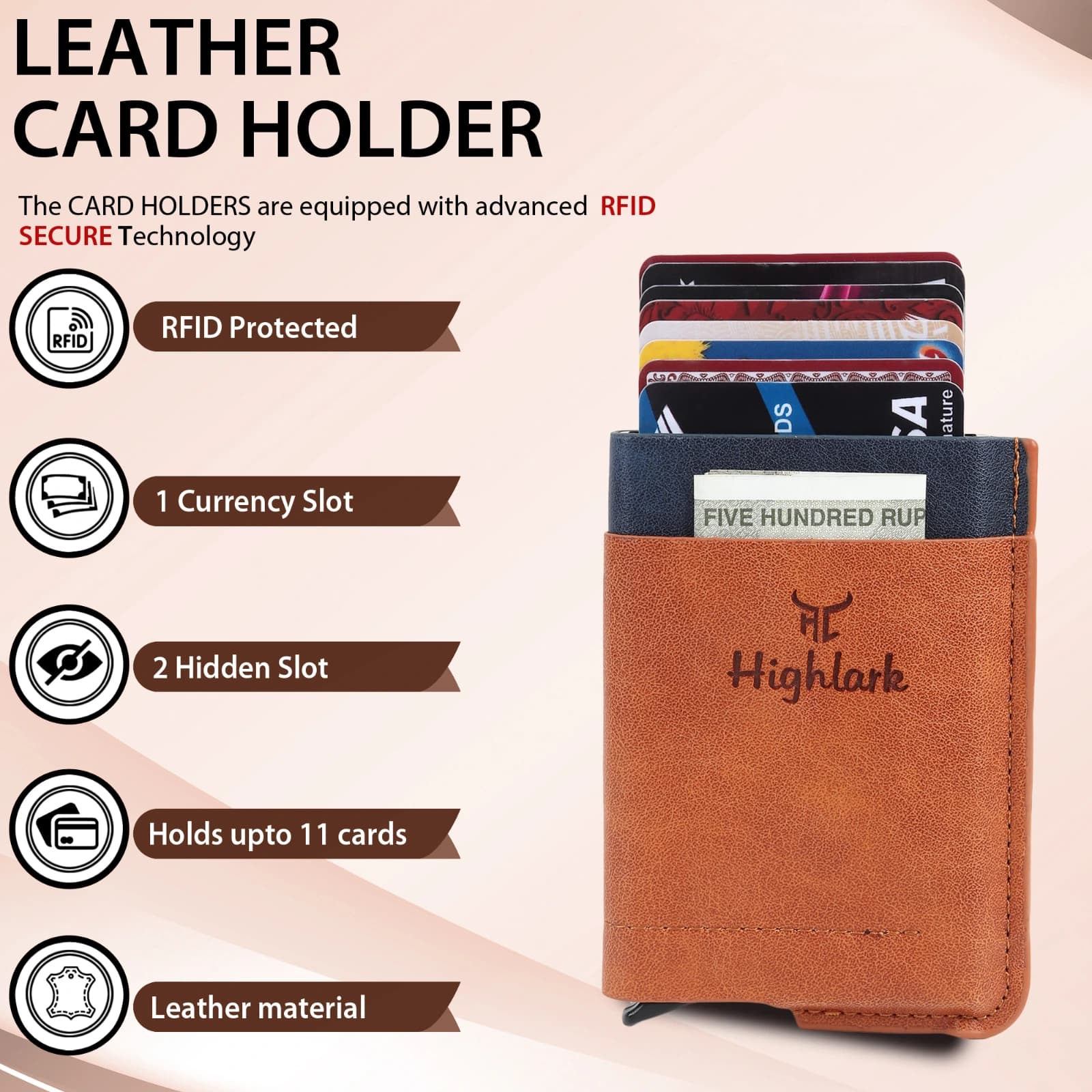 Highlark Automatic Pop-Up RFID Blocking Smart Wallet & Card Holder with Cash Pocket – Tan & Navy Blue 2