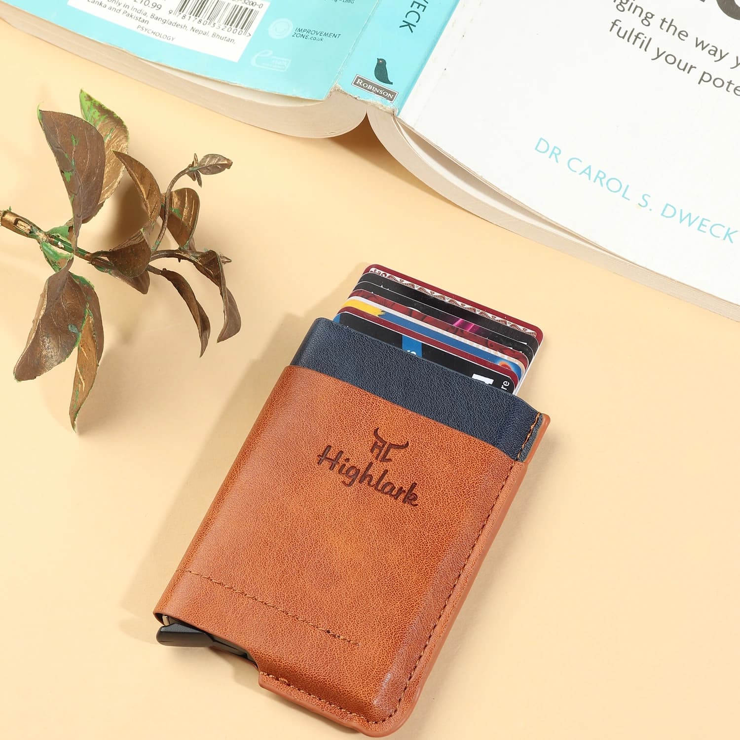 Highlark Automatic Pop-Up RFID Blocking Smart Wallet & Card Holder with Cash Pocket – Tan & Navy Blue 6