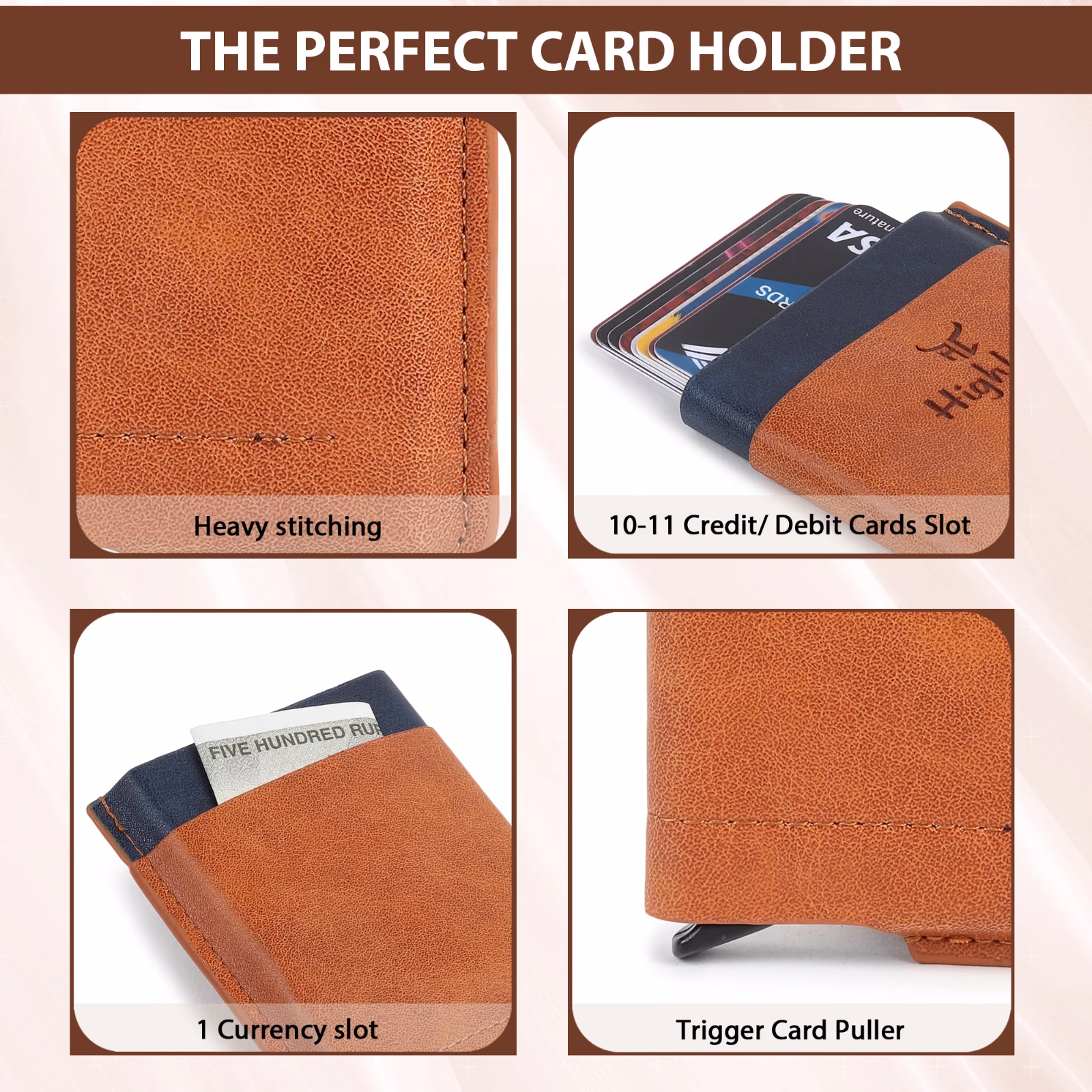 Highlark Automatic Pop-Up RFID Blocking Smart Wallet & Card Holder with Cash Pocket – Tan & Navy Blue 5
