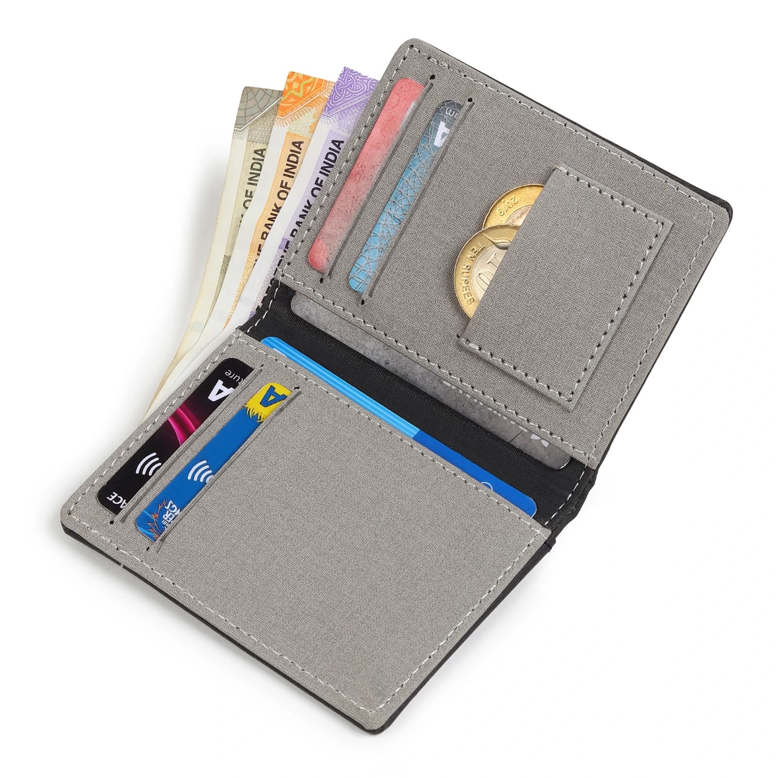 Website Title (H1 / Product Header): Highlark Ultra-Slim Bifold Leather Wallet with Quick-Access Card Slot & Coin Pocket – Stealth Black & Grey 4