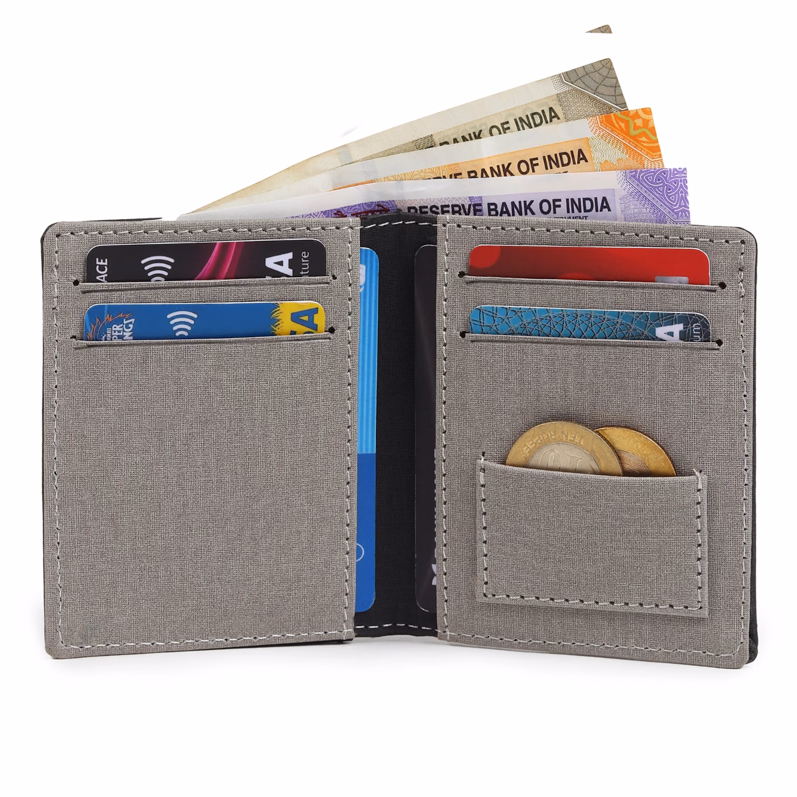 Website Title (H1 / Product Header): Highlark Ultra-Slim Bifold Leather Wallet with Quick-Access Card Slot & Coin Pocket – Stealth Black & Grey 2