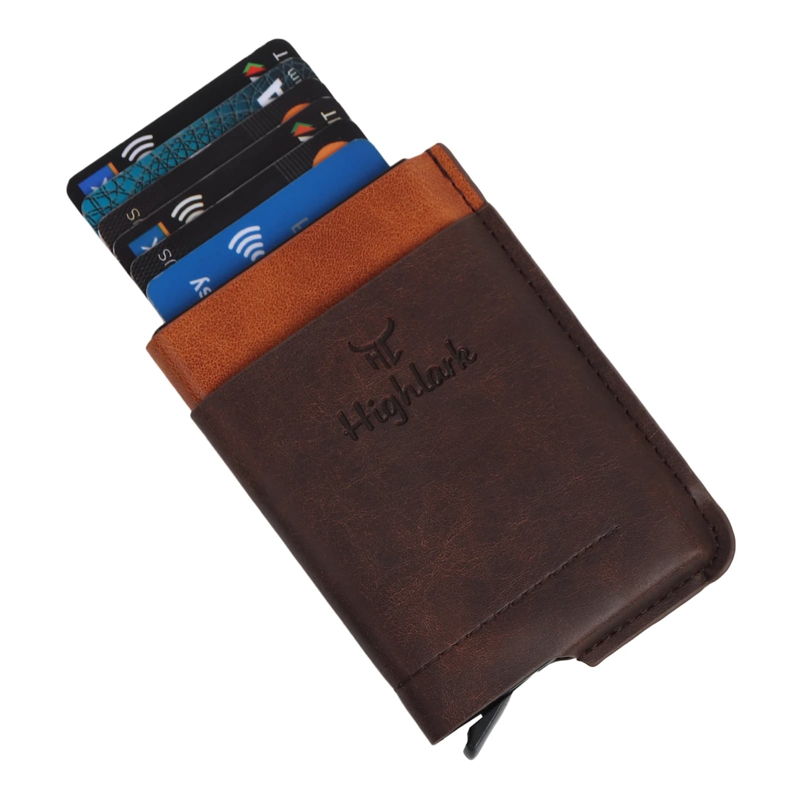 Highlark Automatic Pop-Up RFID Blocking Smart Wallet & Card Holder – Dual-Tone Dark Brown & Tan 2