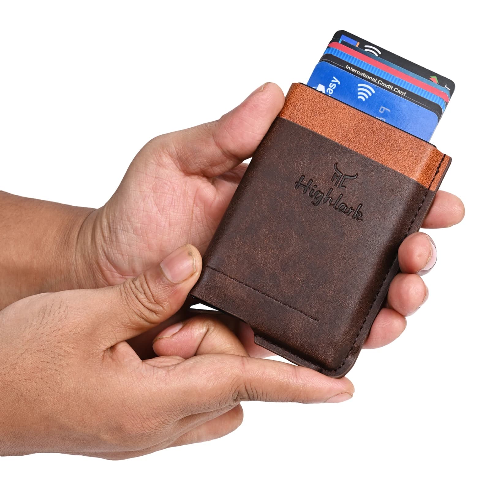 Highlark Automatic Pop-Up RFID Blocking Smart Wallet & Card Holder – Dual-Tone Dark Brown & Tan 3