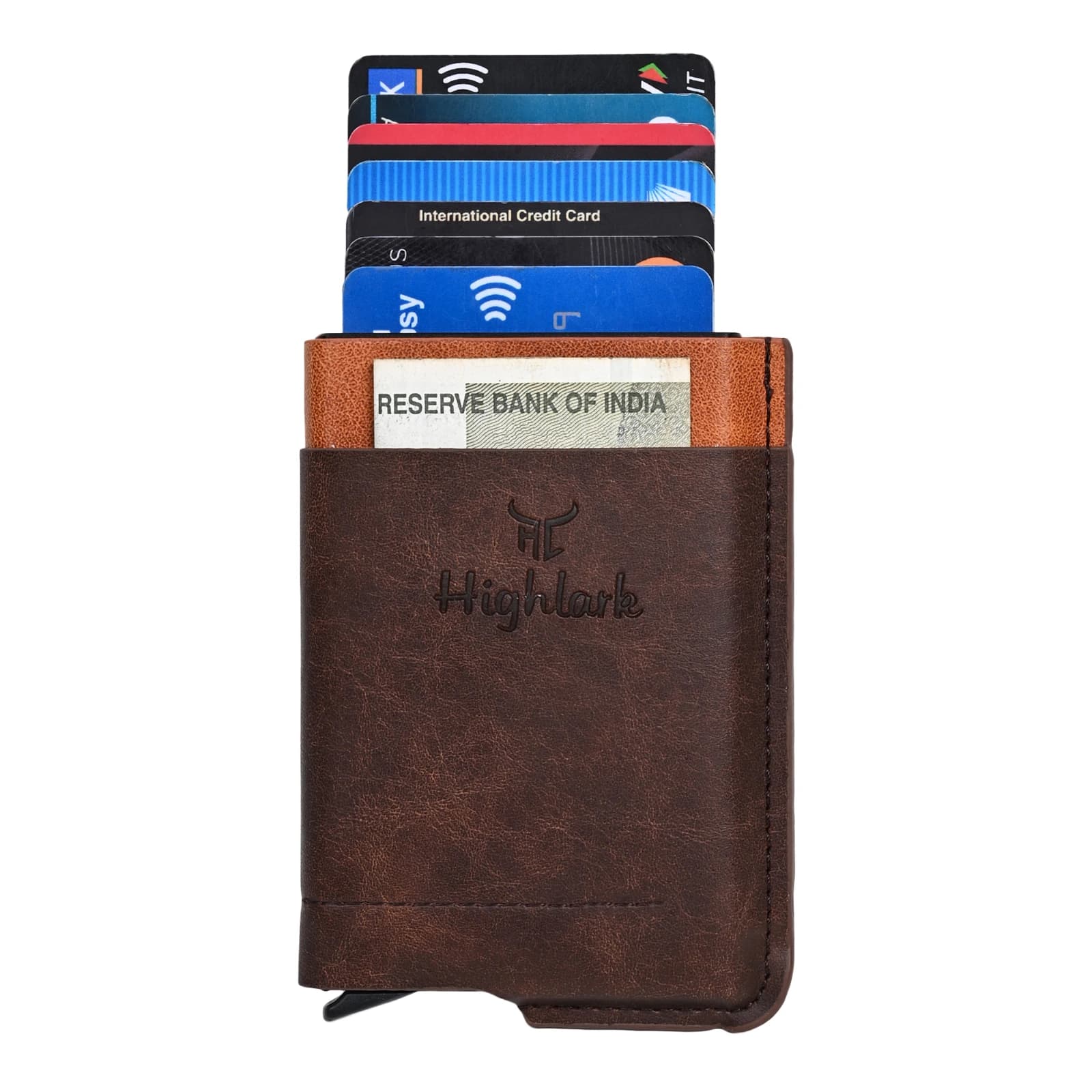 Highlark Automatic Pop-Up RFID Blocking Smart Wallet & Card Holder – Dual-Tone Dark Brown & Tan 5
