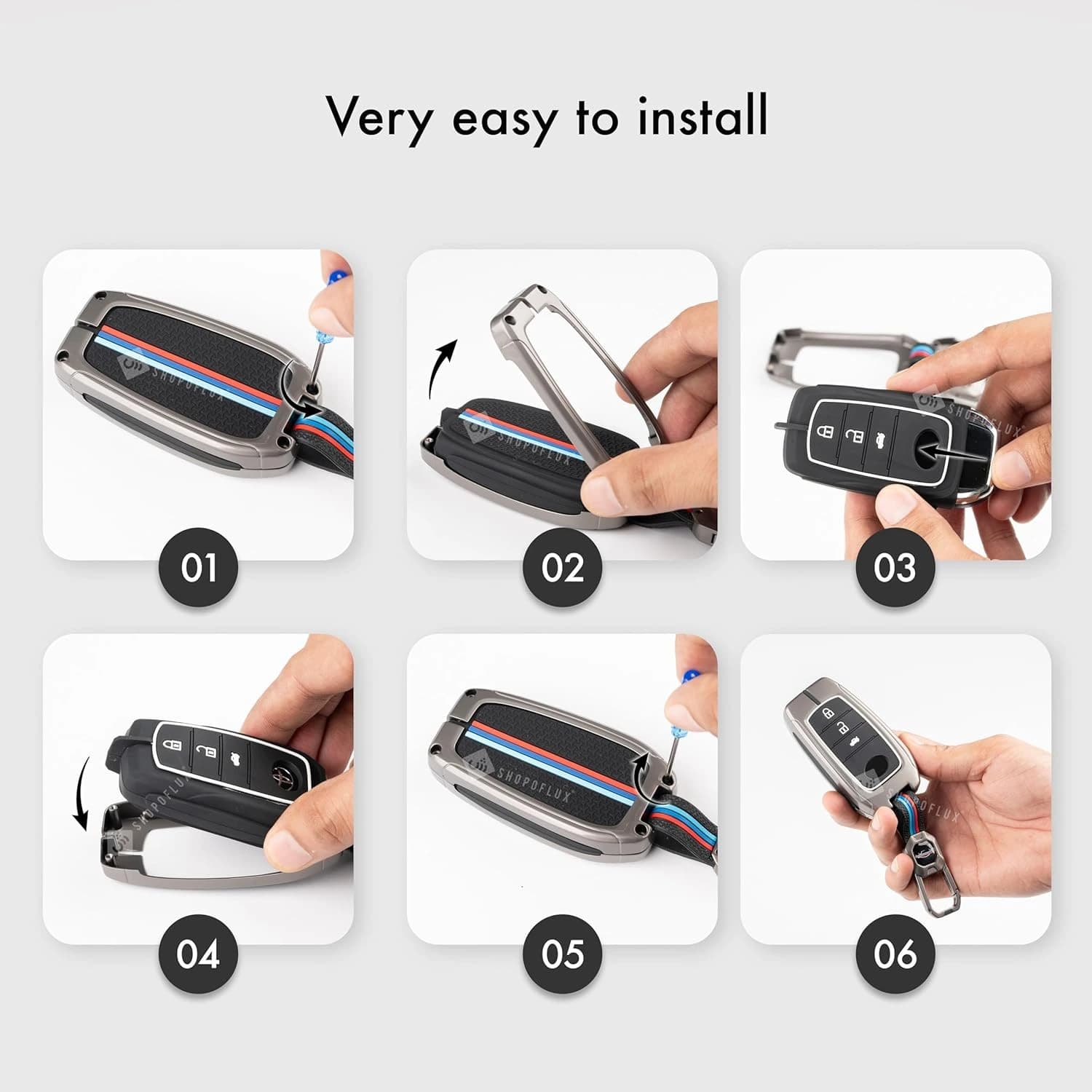 Highlark Luxury Zinc Alloy Smart Car Key Fob Cover Case with Quick-Release Carabiner Keychain – Titanium Grey & Sport Stripe 3