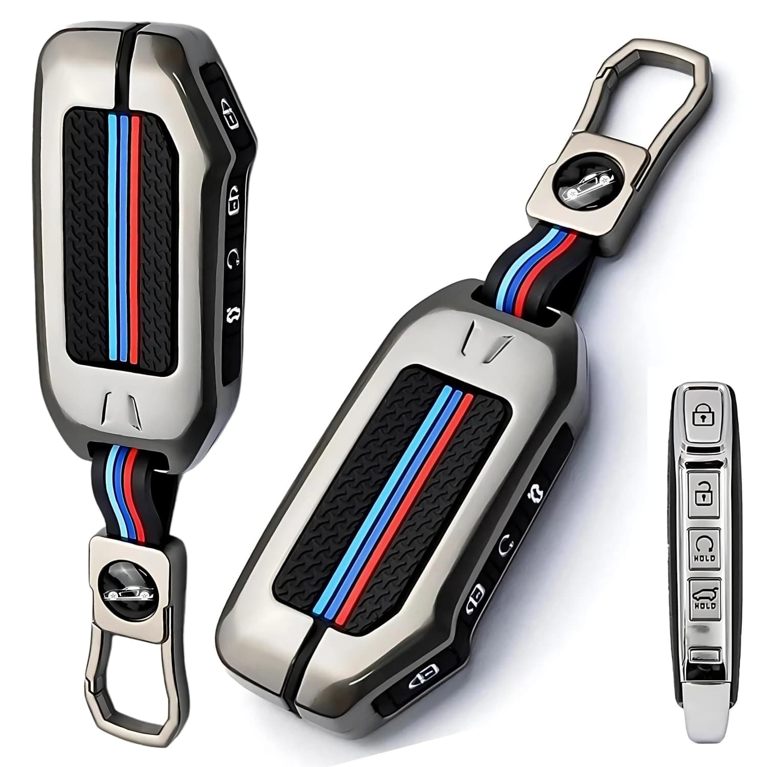 Highlark Luxury Zinc Alloy Smart Car Key Fob Cover Case with Quick-Release Carabiner Keychain – Titanium Grey & Sport Stripe 1