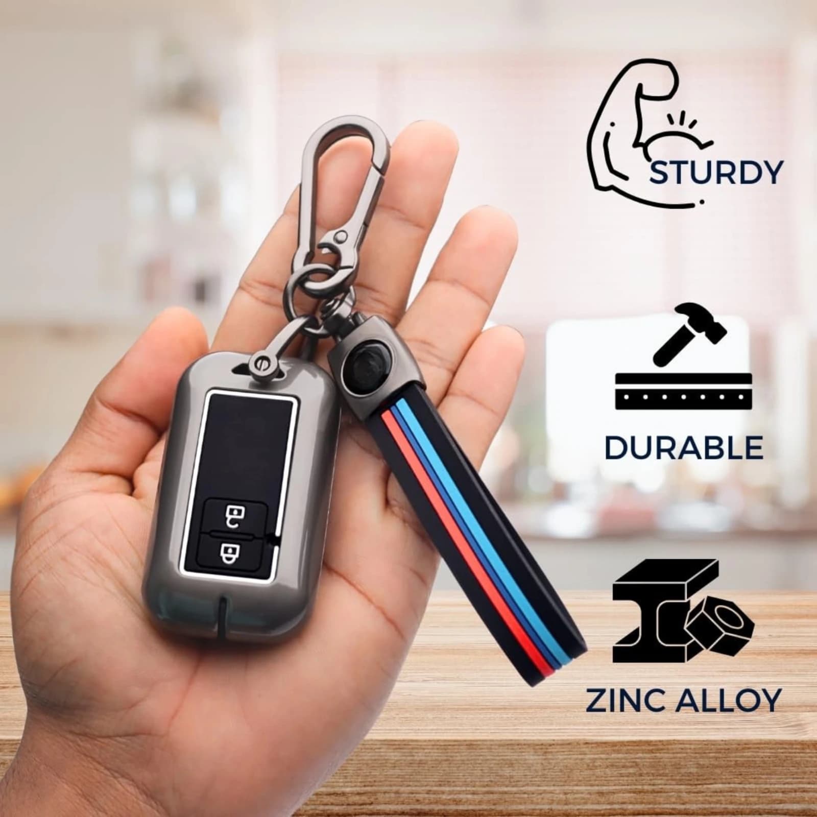 Highlark Luxury Zinc Alloy Smart Car Key Fob Cover Case with Sport Strap Keychain – Titanium Grey 2