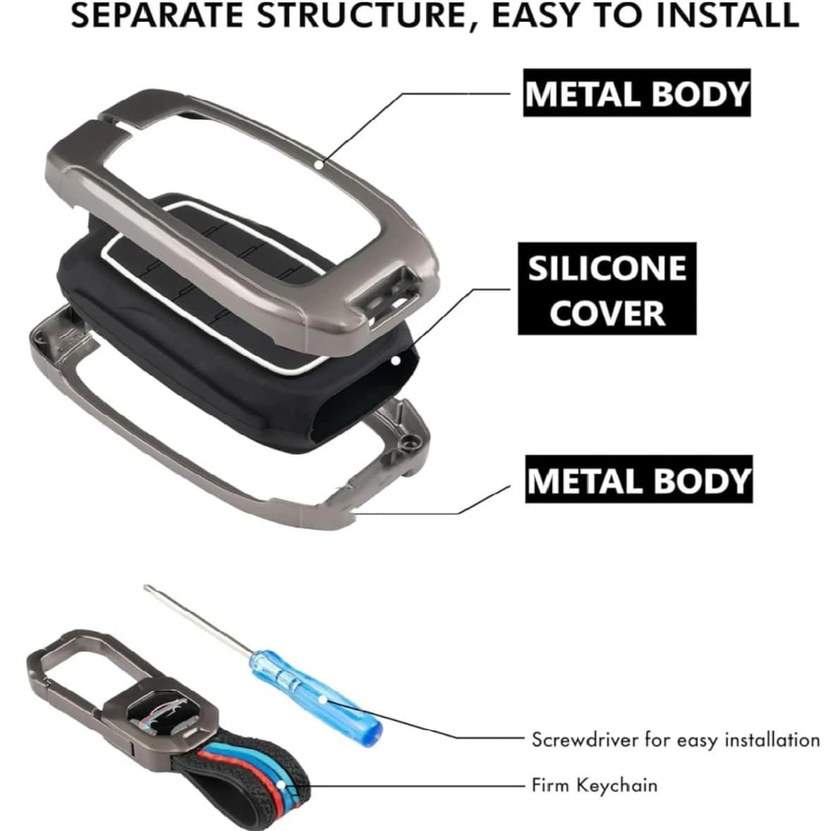 Highlark Luxury Zinc Alloy Smart Car Key Fob Cover Case for 4-Button Remote – Titanium Grey & Sport Stripe 2