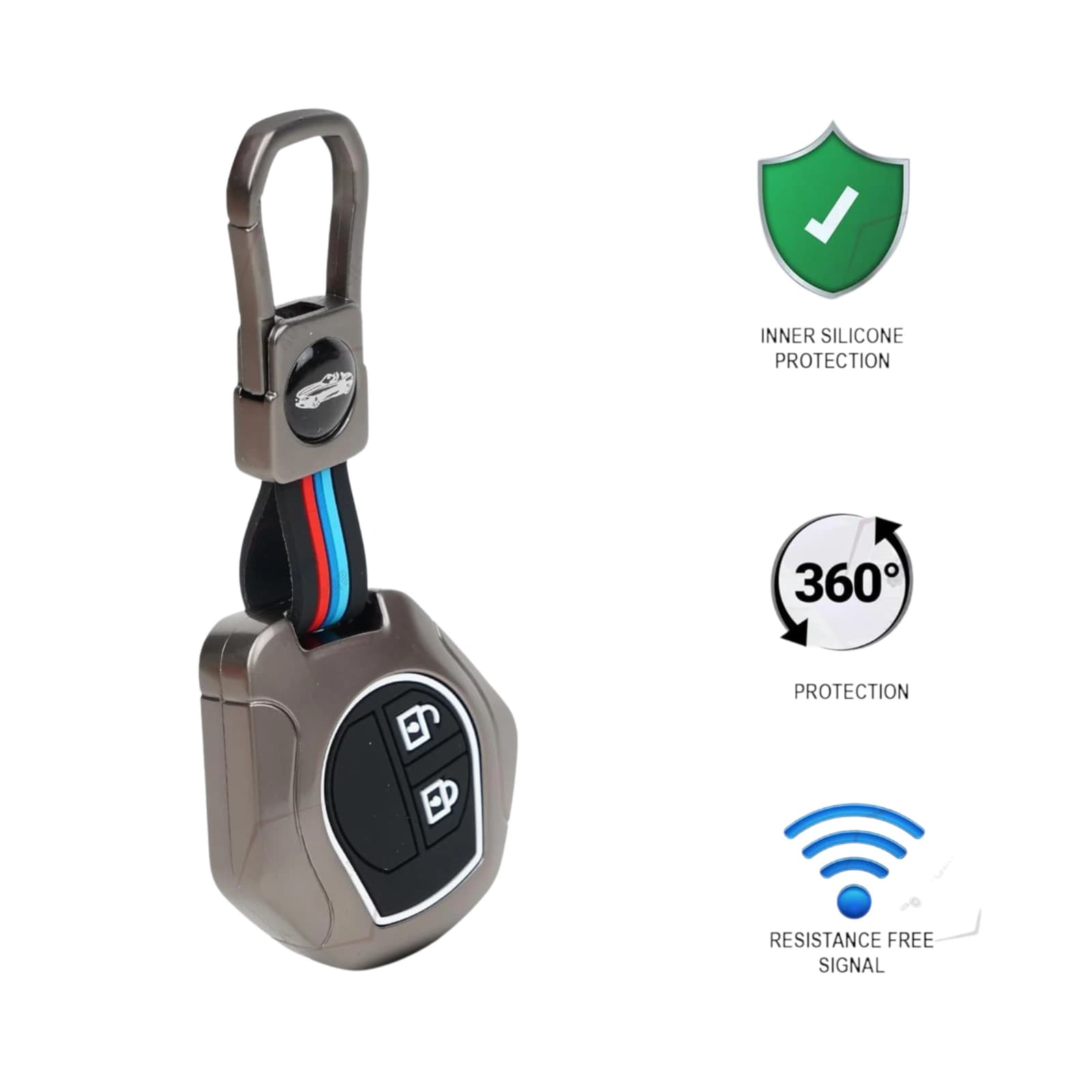 Highlark Luxury Zinc Alloy Car Key Fob Cover Case for 2-Button Remote with Carabiner Keychain – Titanium Grey & Sport Stripe 2