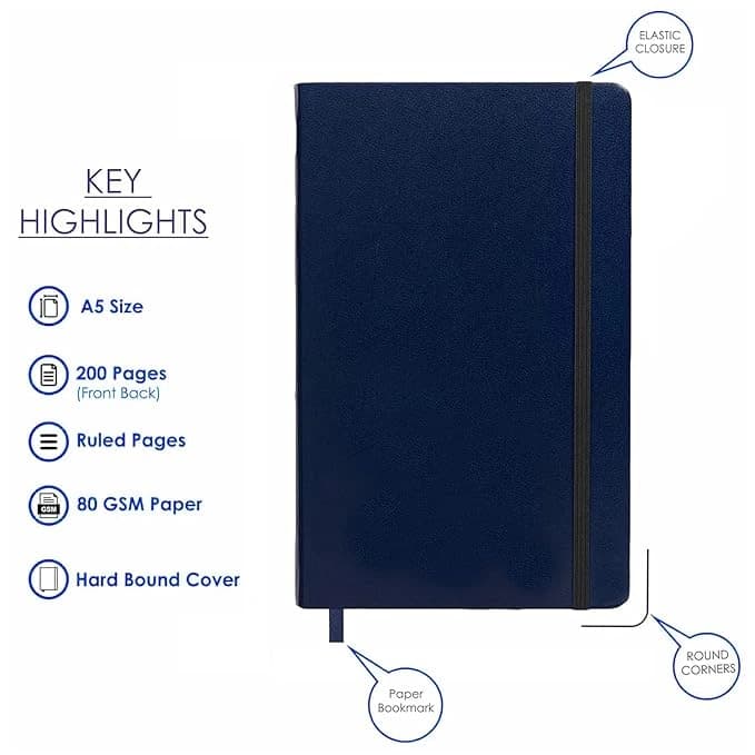 Highlark Classic A5 Hardbound Ruled Notebook Journal with Elastic Closure – Deep Navy Blue 2