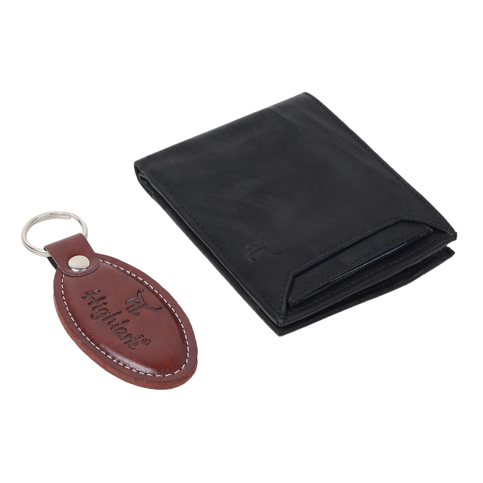 Highlark Men's Leather Bifold Wallet & Oval Keychain Combo Gift Set – Matte Black & Cognac Brown 1
