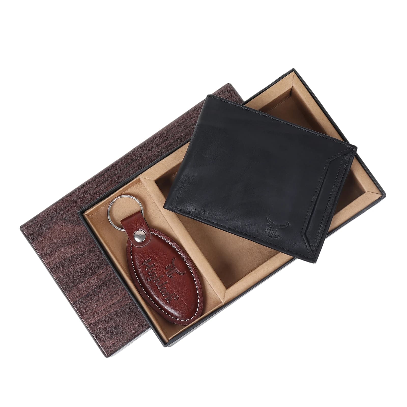 Highlark Men's Leather Bifold Wallet & Oval Keychain Combo Gift Set – Matte Black & Cognac Brown 3