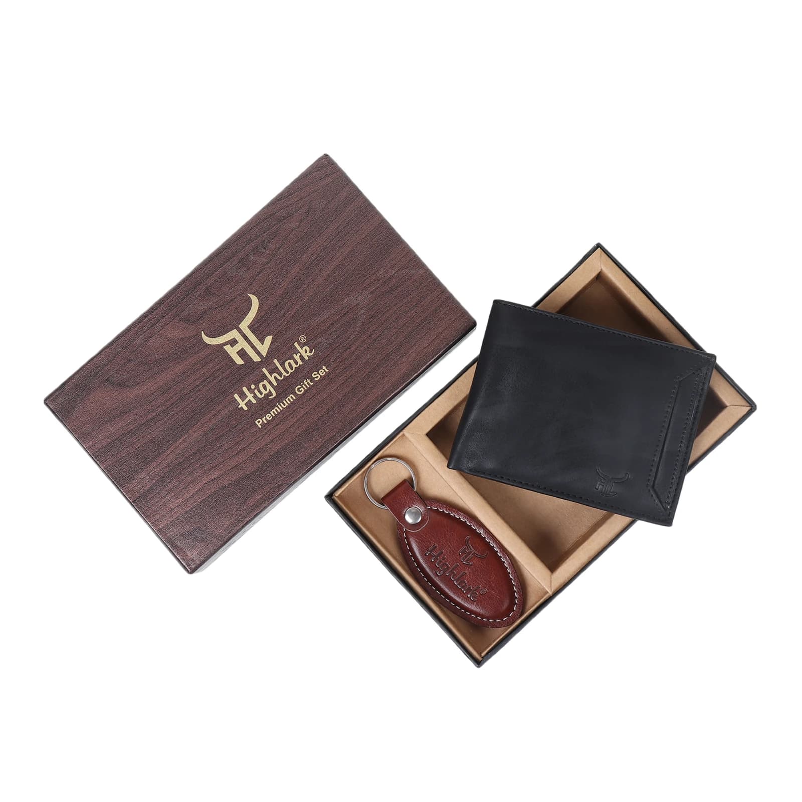 Highlark Men's Leather Bifold Wallet & Oval Keychain Combo Gift Set – Matte Black & Cognac Brown 2