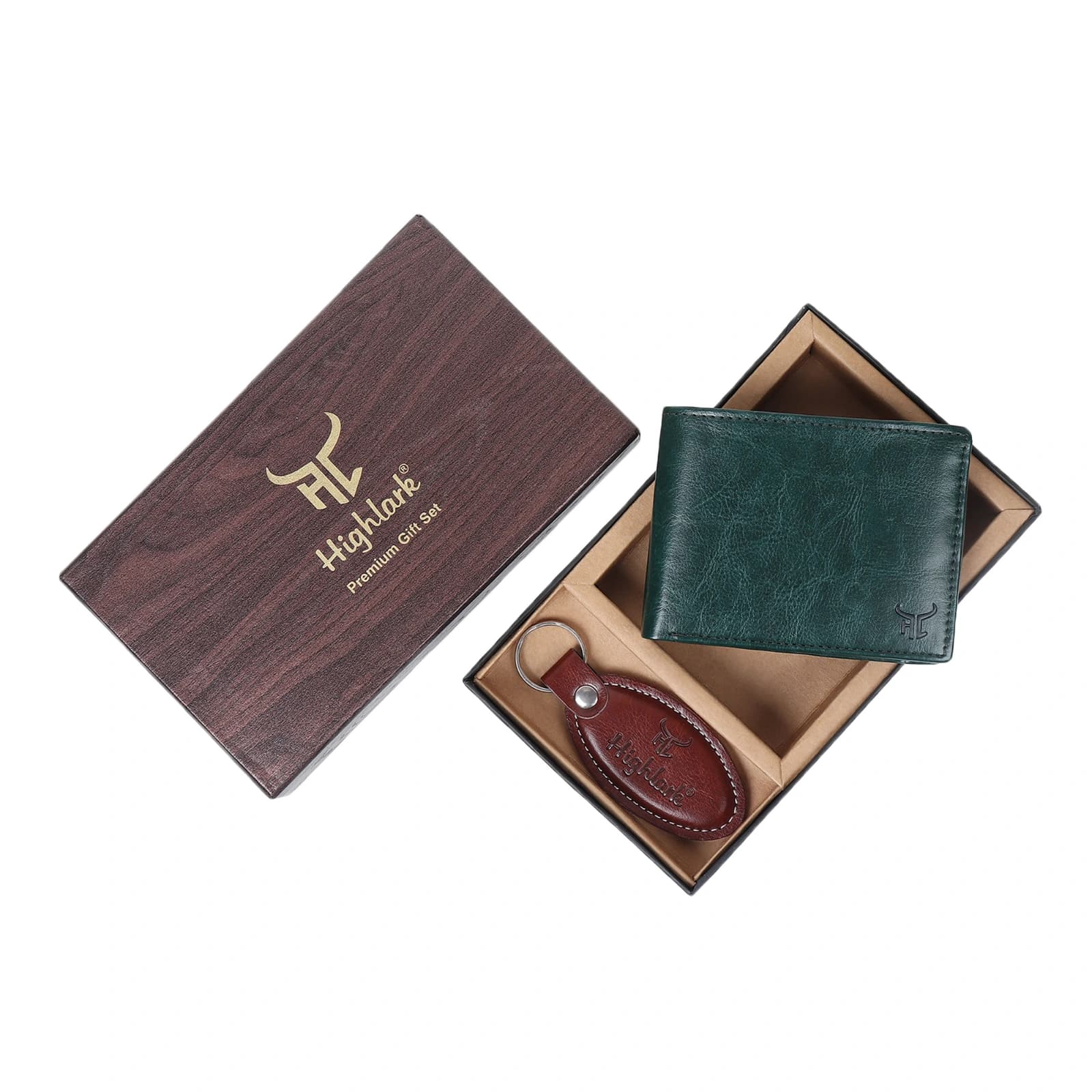 Highlark Men's Leather Bifold Wallet & Oval Keychain Combo Gift Set – Emerald Forest Green & Cognac Brown 3