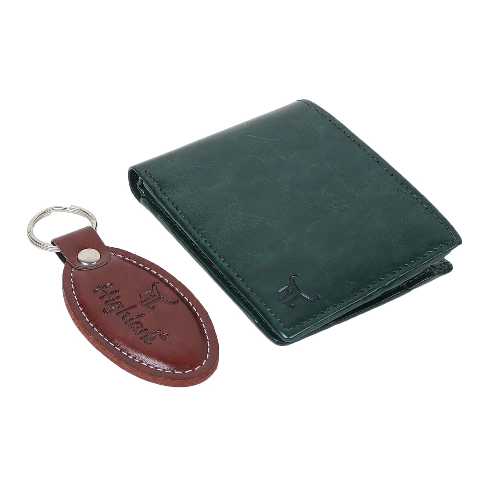 Highlark Men's Leather Bifold Wallet & Oval Keychain Combo Gift Set – Emerald Forest Green & Cognac Brown 1