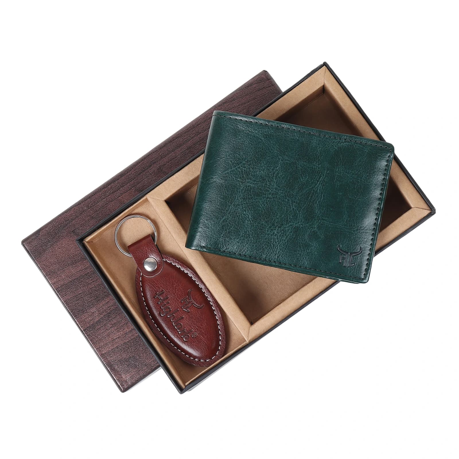 Highlark Men's Leather Bifold Wallet & Oval Keychain Combo Gift Set – Emerald Forest Green & Cognac Brown 2