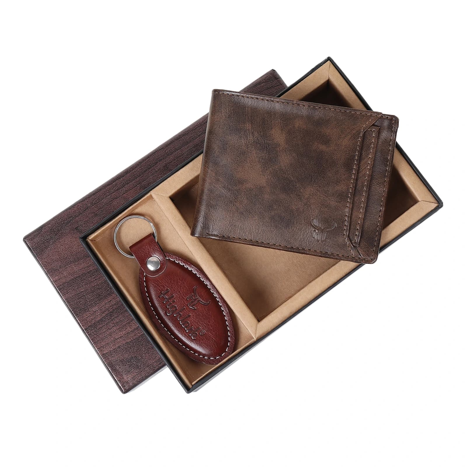 Highlark Men's Leather Bifold Wallet & Oval Keychain Combo Gift Set – Vintage Coffee Brown 2