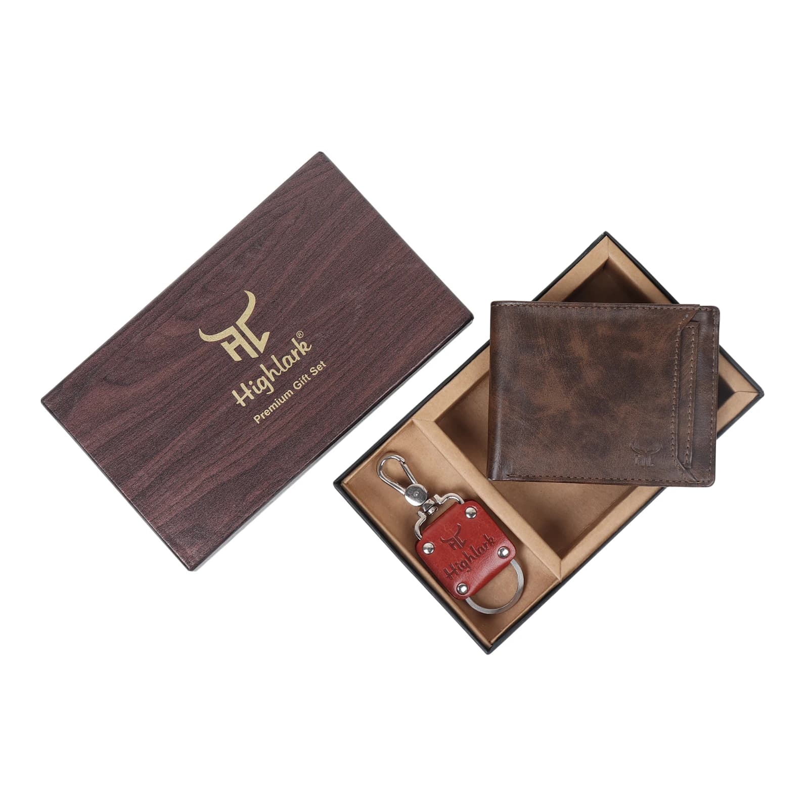 Highlark Men's Vintage Leather Bifold Wallet & Swivel Clasp Keychain Combo Gift Set – Coffee Brown 1