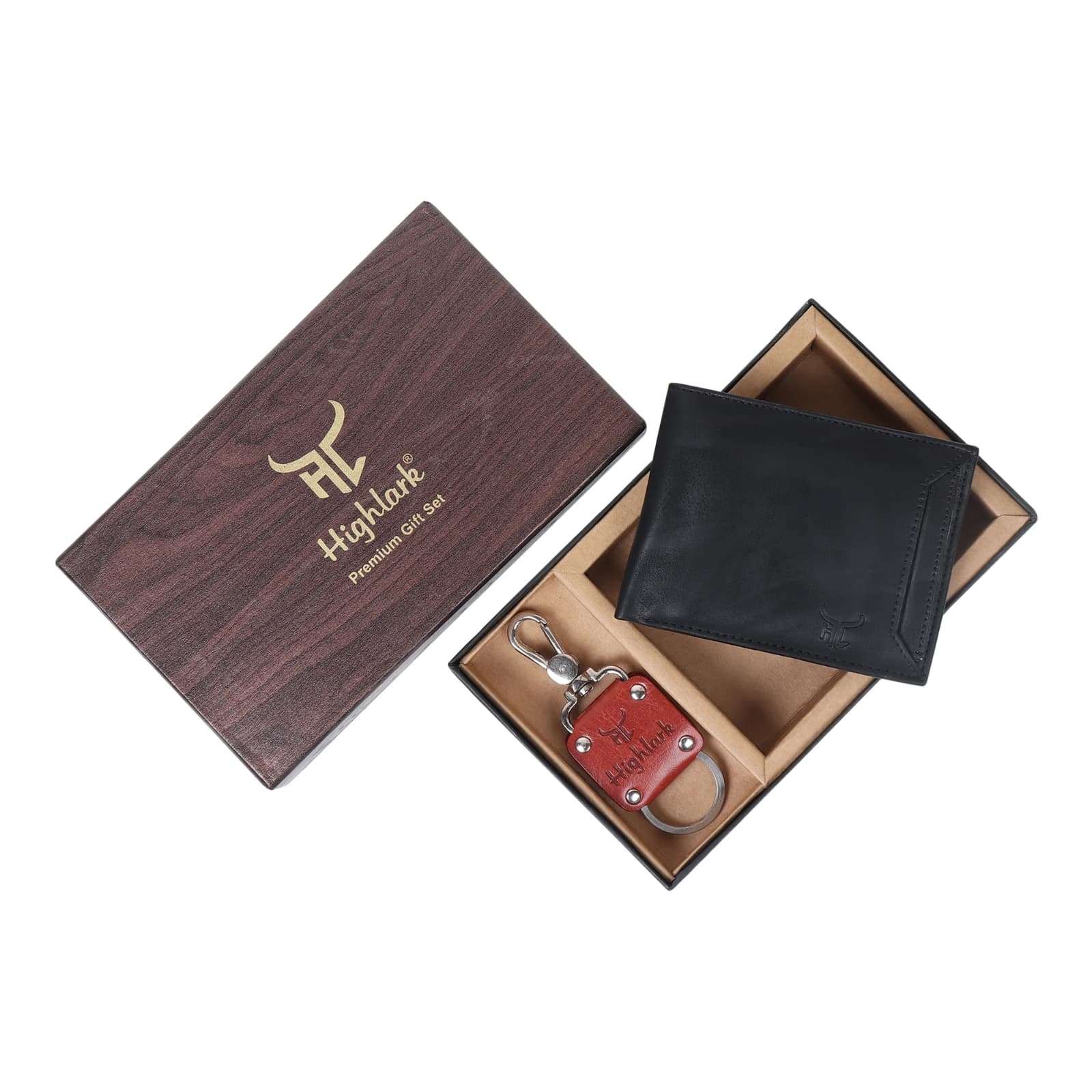 Highlark Men's Leather Bifold Wallet & Swivel Clasp Keychain Combo Gift Set – Matte Black & Wine Red 1