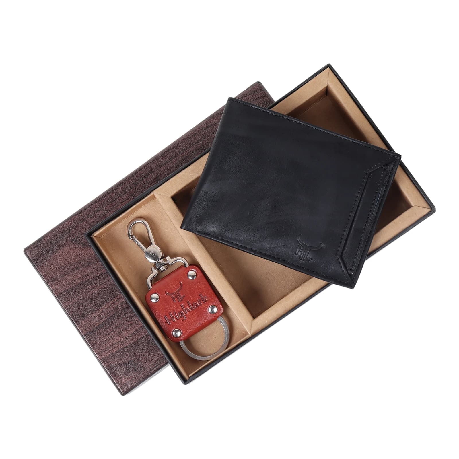 Highlark Men's Leather Bifold Wallet & Swivel Clasp Keychain Combo Gift Set – Matte Black & Wine Red 3