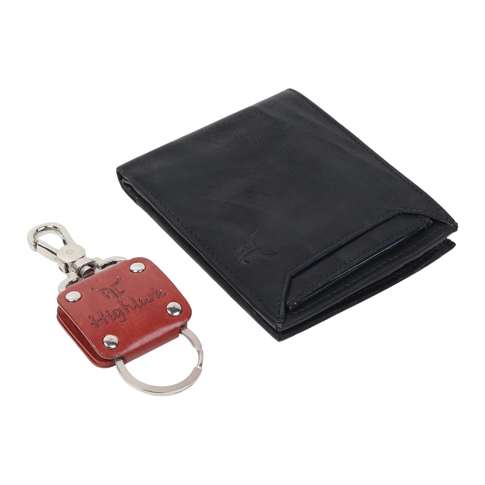 Highlark Men's Leather Bifold Wallet & Swivel Clasp Keychain Combo Gift Set – Matte Black & Wine Red 2