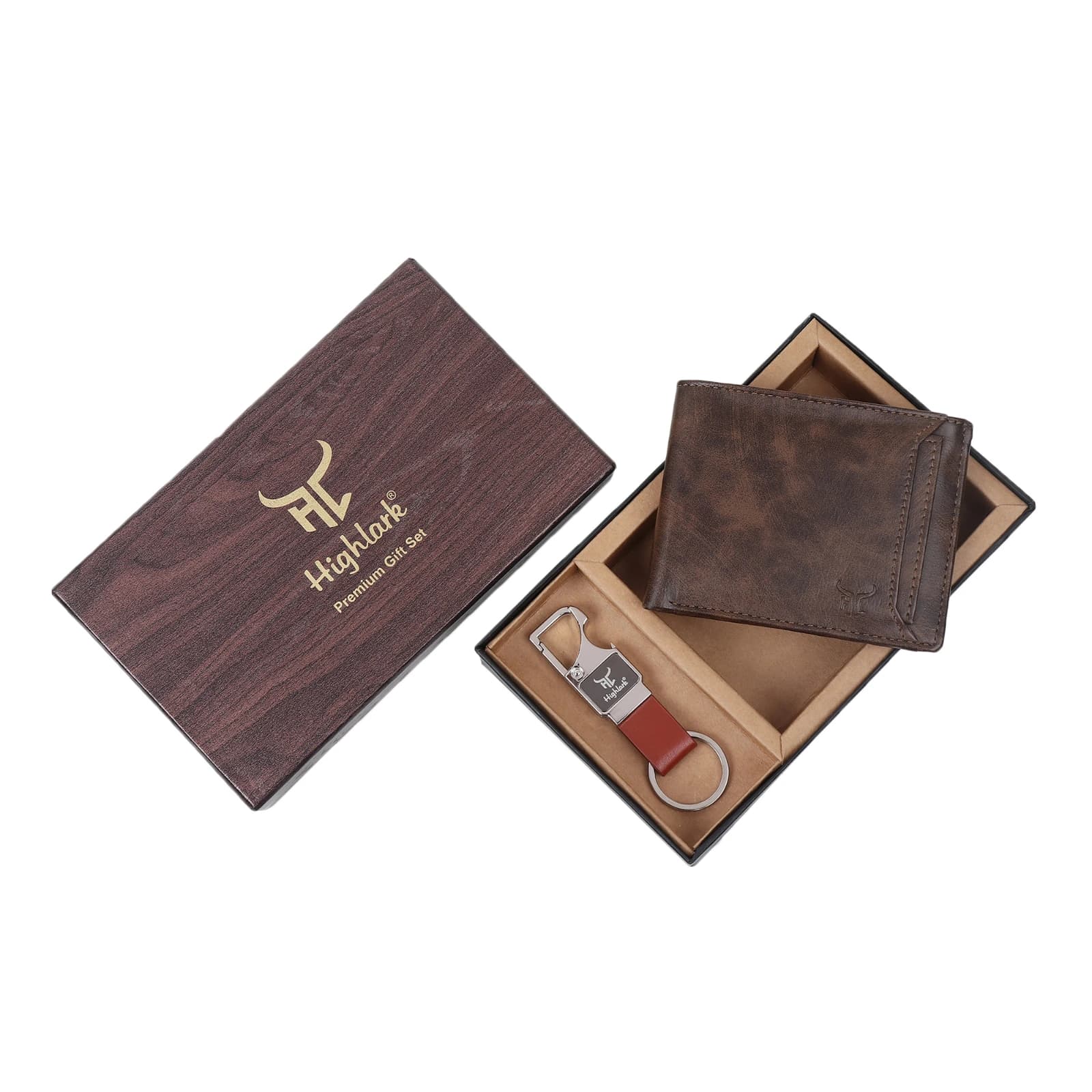 Highlark Men's Leather Bifold Wallet & Multi-Tool Keychain Set – Vintage Coffee Brown & Cognac 1