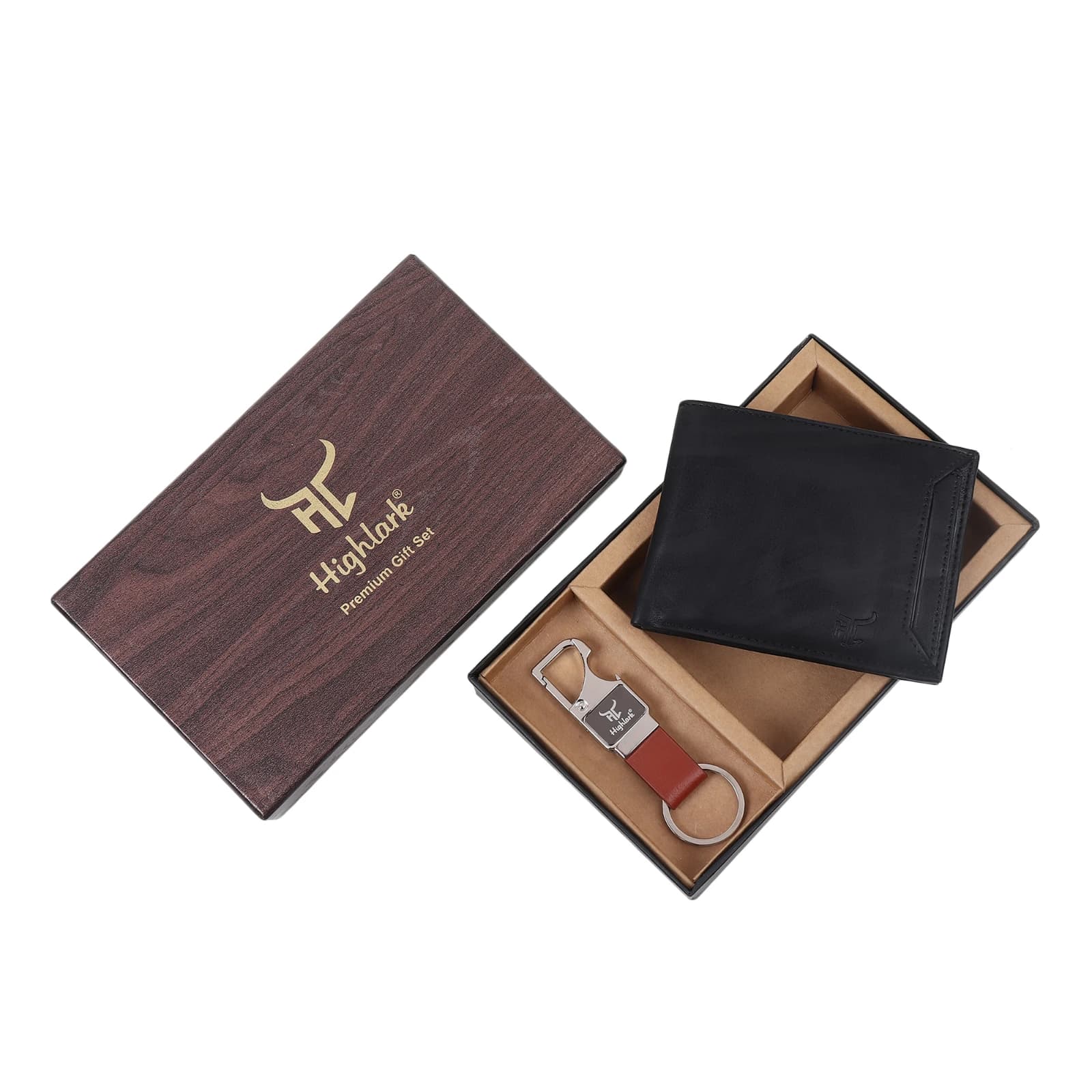 Highlark Men's Leather Bifold Wallet & Multi-Tool Keychain Gift Set – Matte Black & Amber Cognac 1