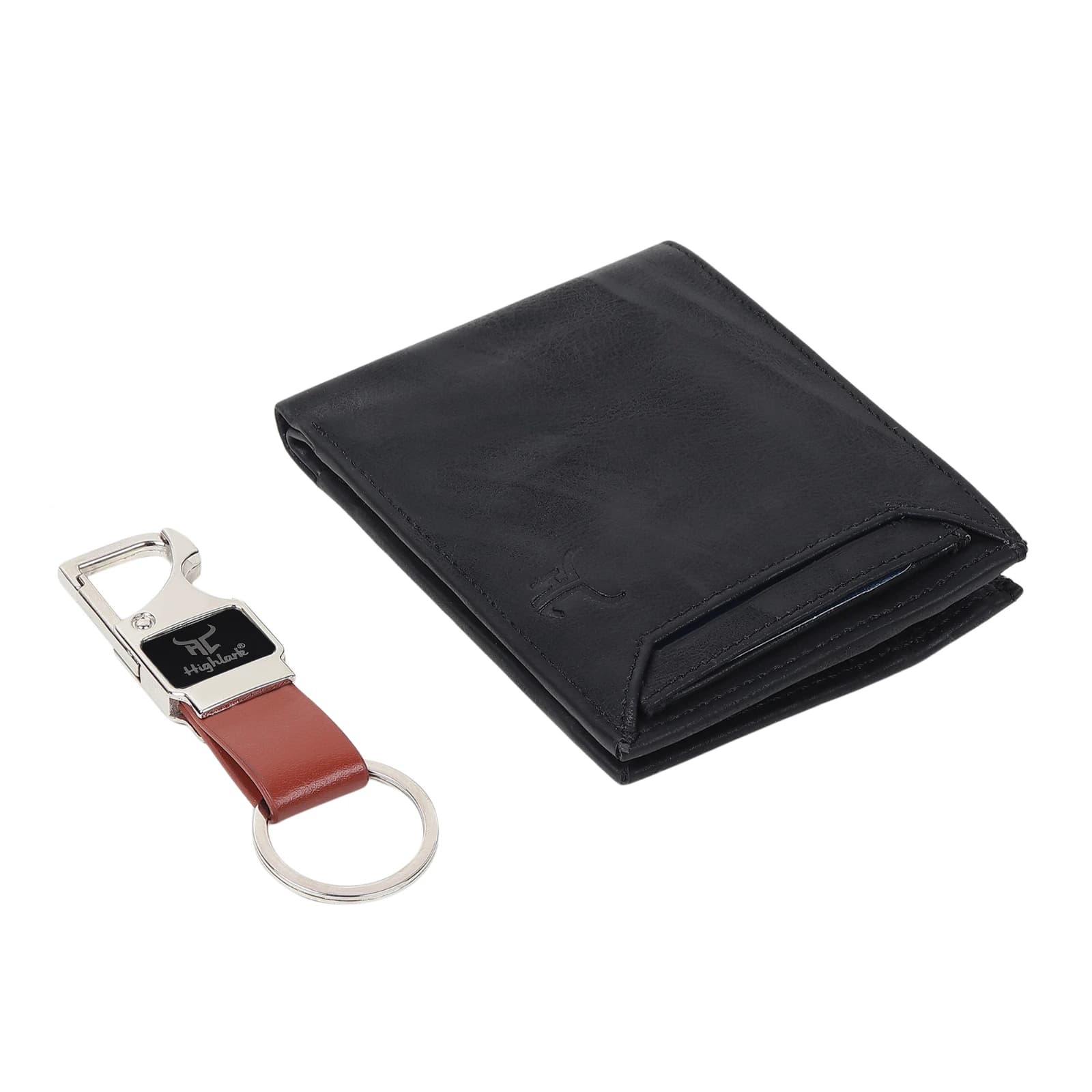 Highlark Men's Leather Bifold Wallet & Multi-Tool Keychain Gift Set – Matte Black & Amber Cognac 2