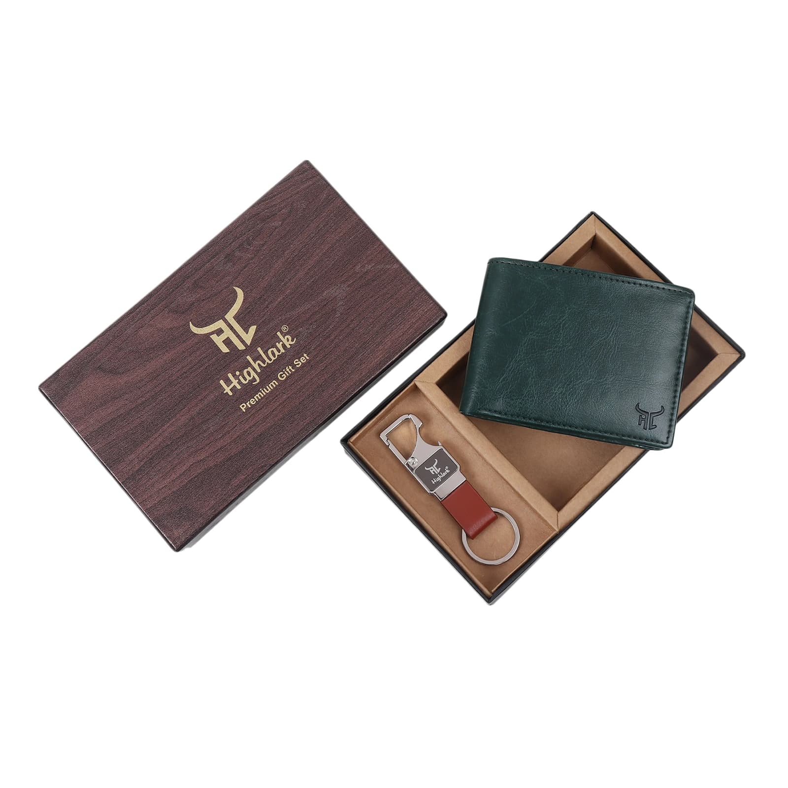 Highlark Men's Leather Bifold Wallet & Multi-Tool Keychain Gift Set – Emerald Forest Green & Cognac 1