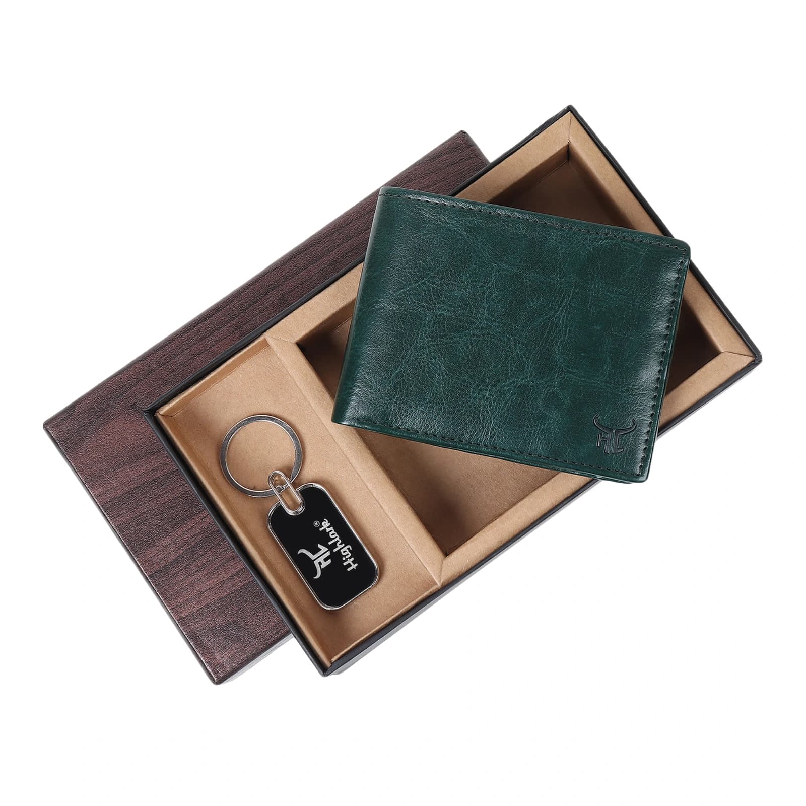 Highlark Men's Leather Bifold Wallet & Metal Dog Tag Keychain Combo Gift Set – Emerald Forest Green 3