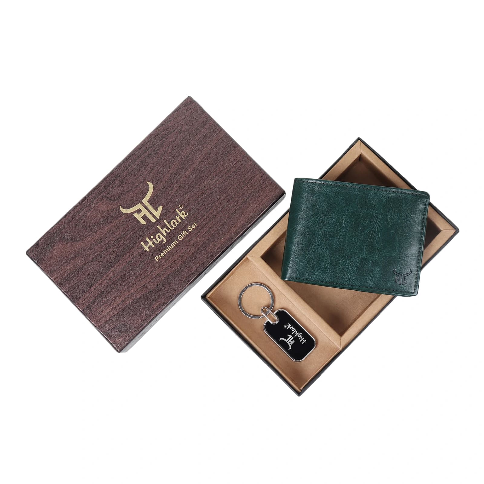 Highlark Men's Leather Bifold Wallet & Metal Dog Tag Keychain Combo Gift Set – Emerald Forest Green 1