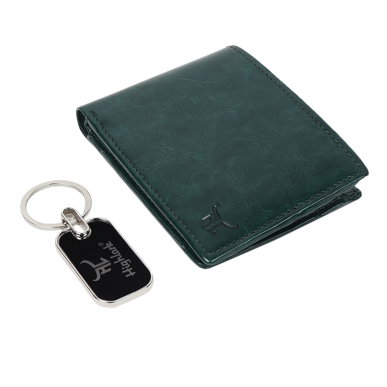 Highlark Men's Leather Bifold Wallet & Metal Dog Tag Keychain Combo Gift Set – Emerald Forest Green 2