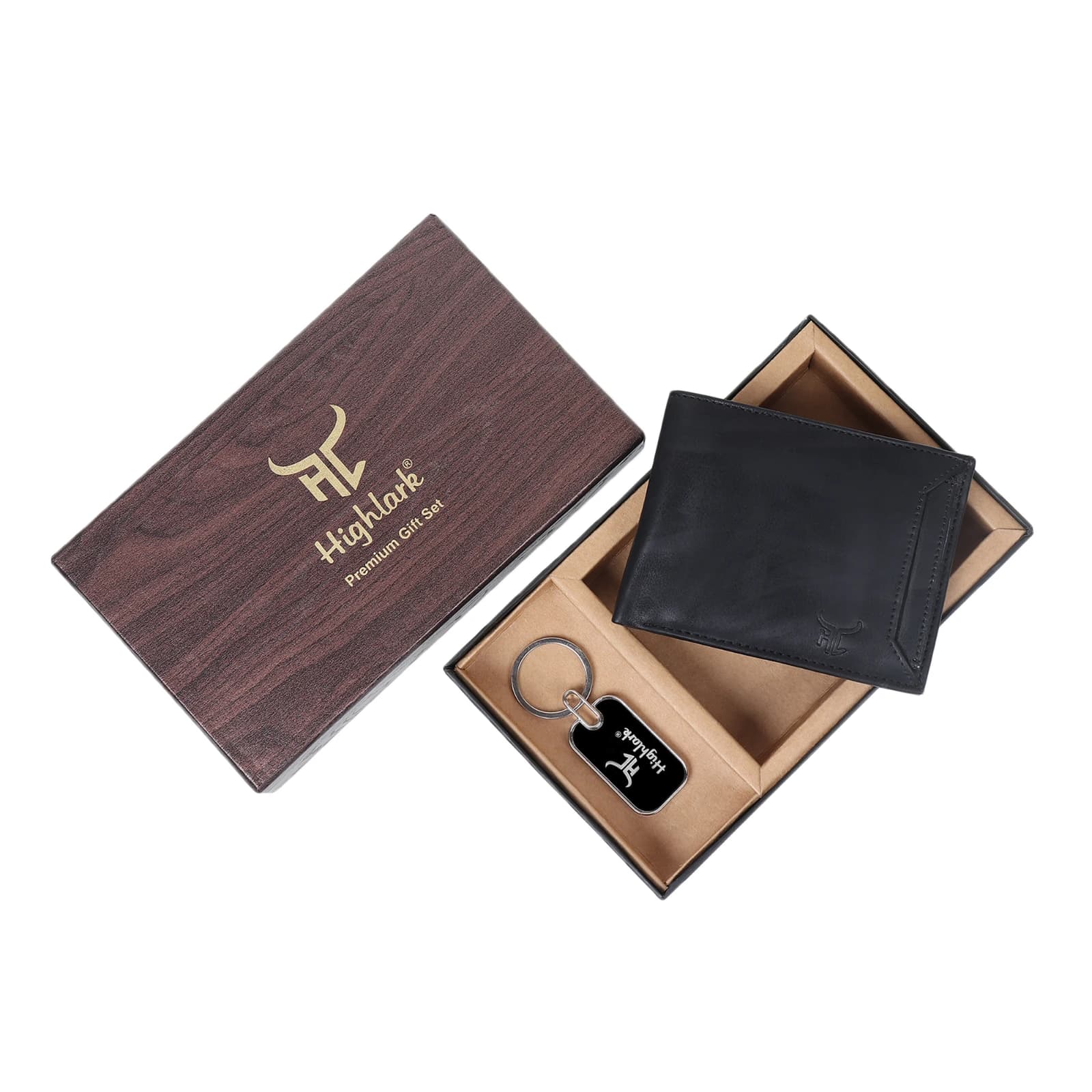 Highlark Men's Leather Bifold Wallet & Metal Dog Tag Keychain Combo Gift Set – Classic Matte Black 1