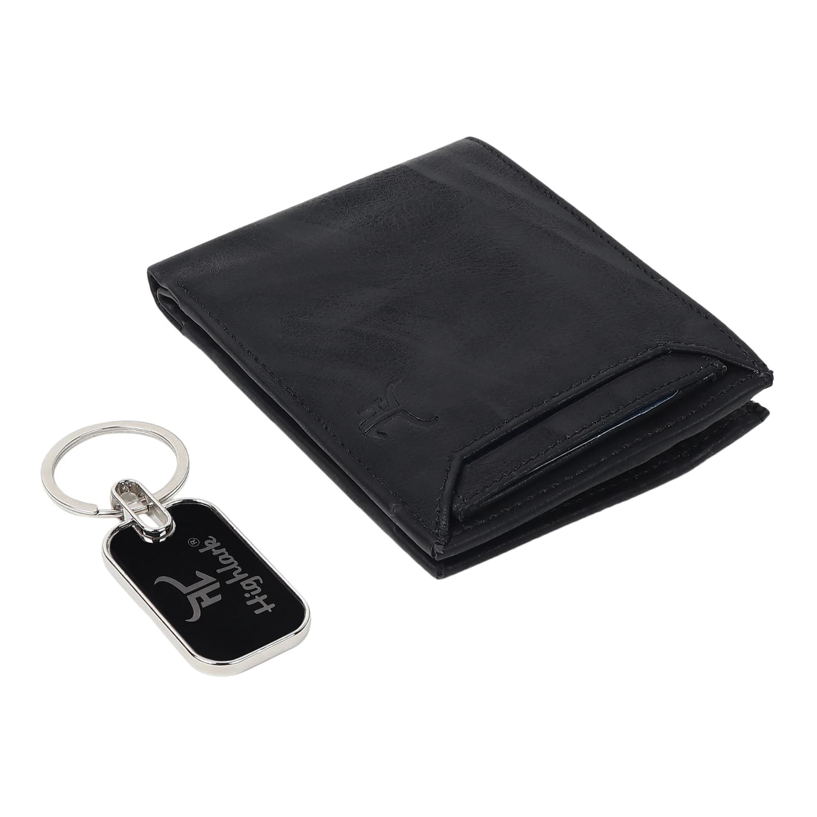 Highlark Men's Leather Bifold Wallet & Metal Dog Tag Keychain Combo Gift Set – Classic Matte Black 2