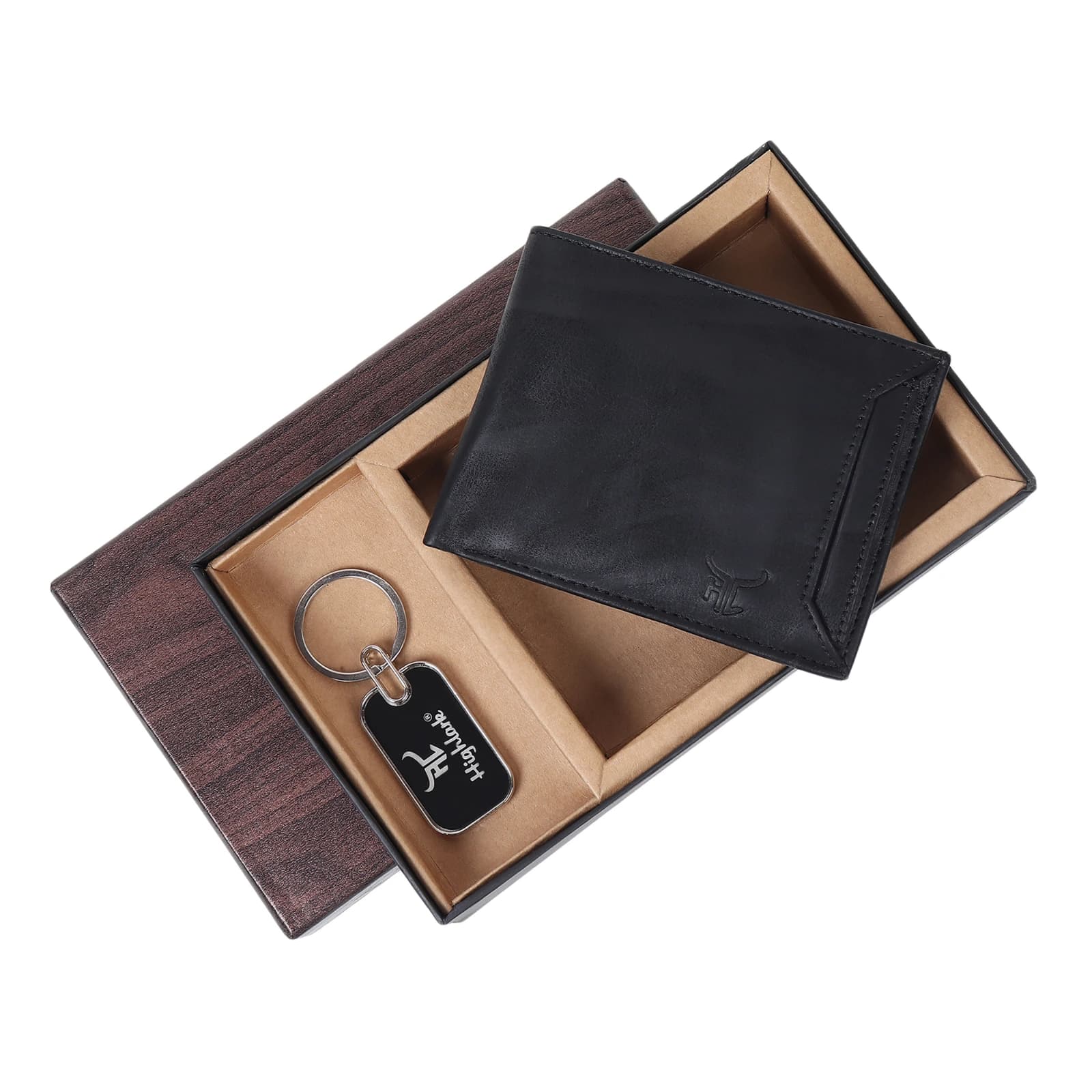 Highlark Men's Leather Bifold Wallet & Metal Dog Tag Keychain Combo Gift Set – Classic Matte Black 3
