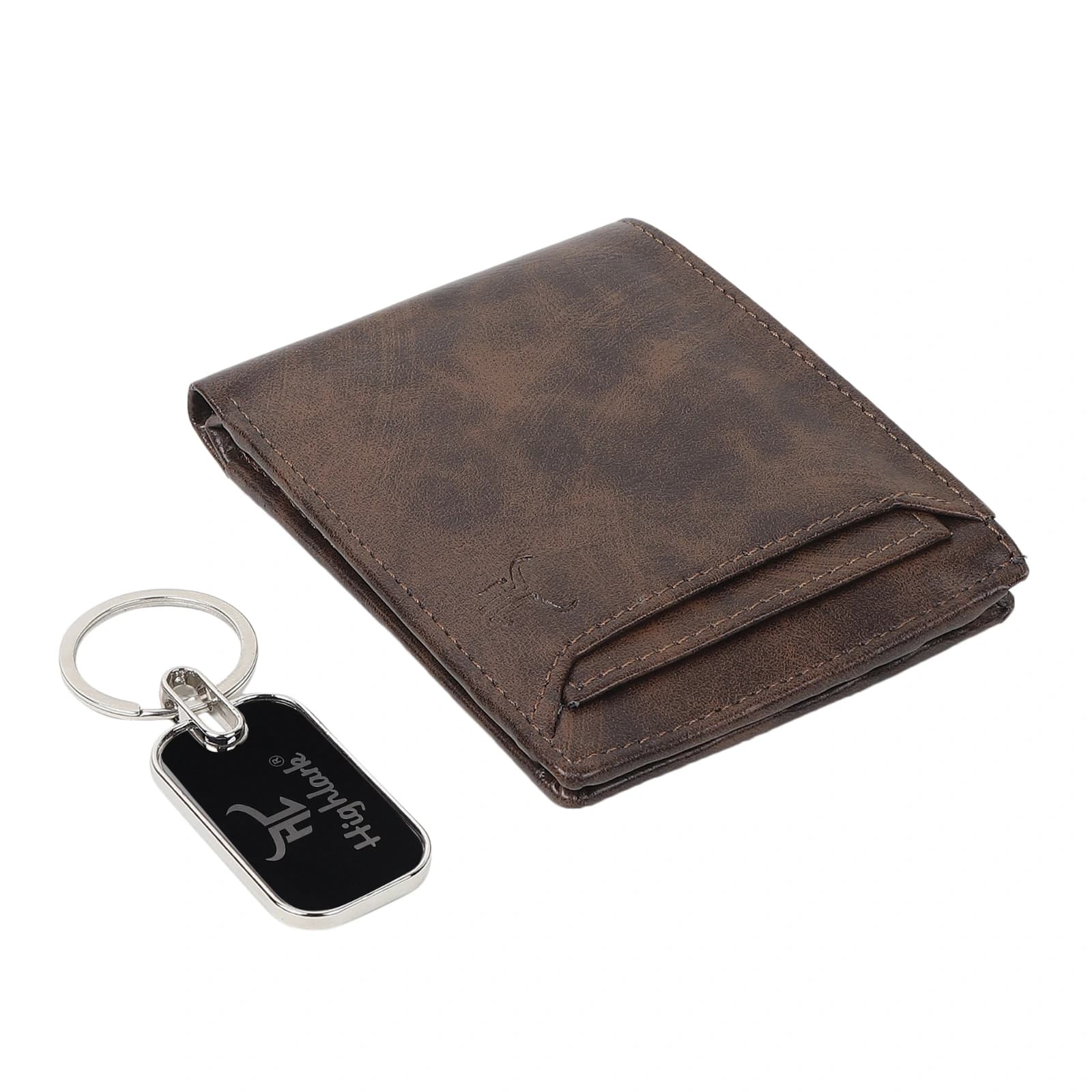 Highlark Men's Leather Bifold Wallet & Metal Dog Tag Keychain Combo Gift Set – Vintage Coffee Brown 2