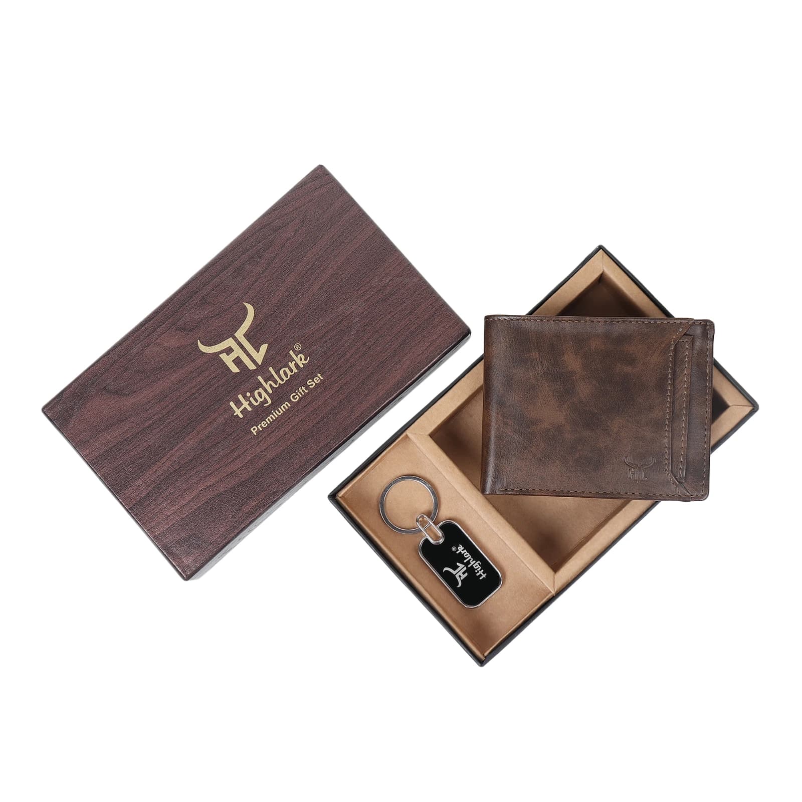 Highlark Men's Leather Bifold Wallet & Metal Dog Tag Keychain Combo Gift Set – Vintage Coffee Brown 1