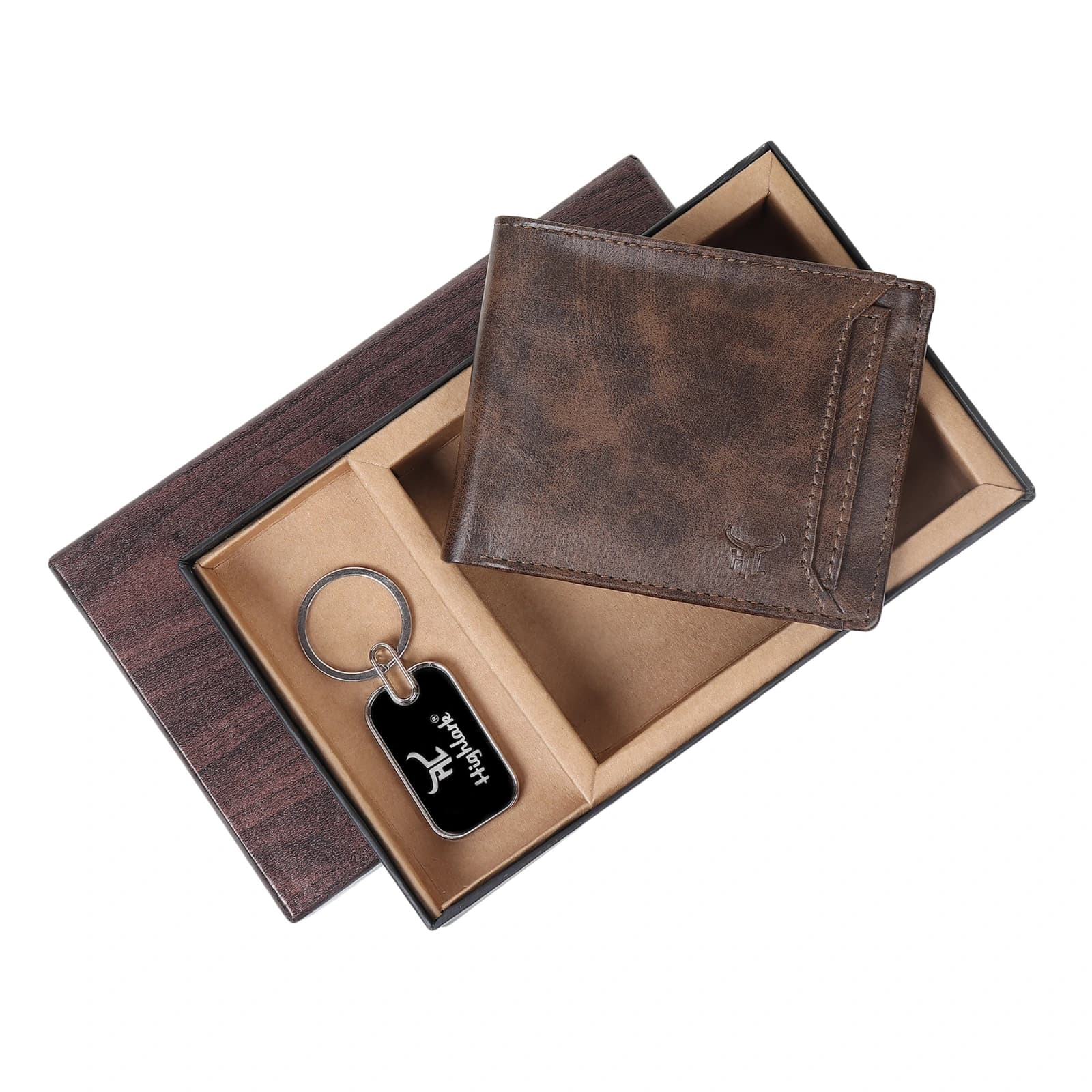 Highlark Men's Leather Bifold Wallet & Metal Dog Tag Keychain Combo Gift Set – Vintage Coffee Brown 3
