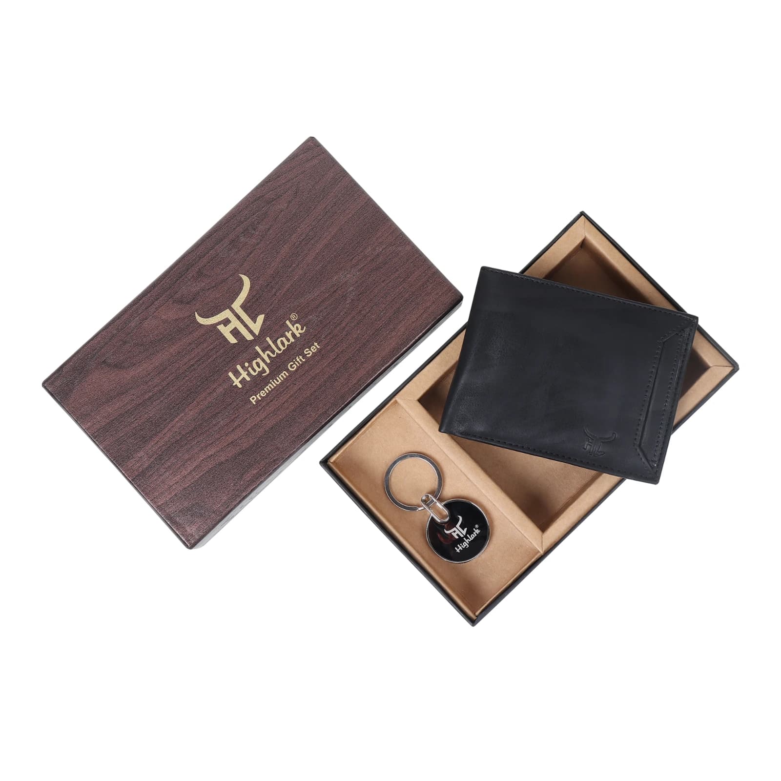 Highlark Men's Leather Bifold Wallet & Round Enamel Coin Medallion Keychain Combo Gift Set – Classic Matte Black 1
