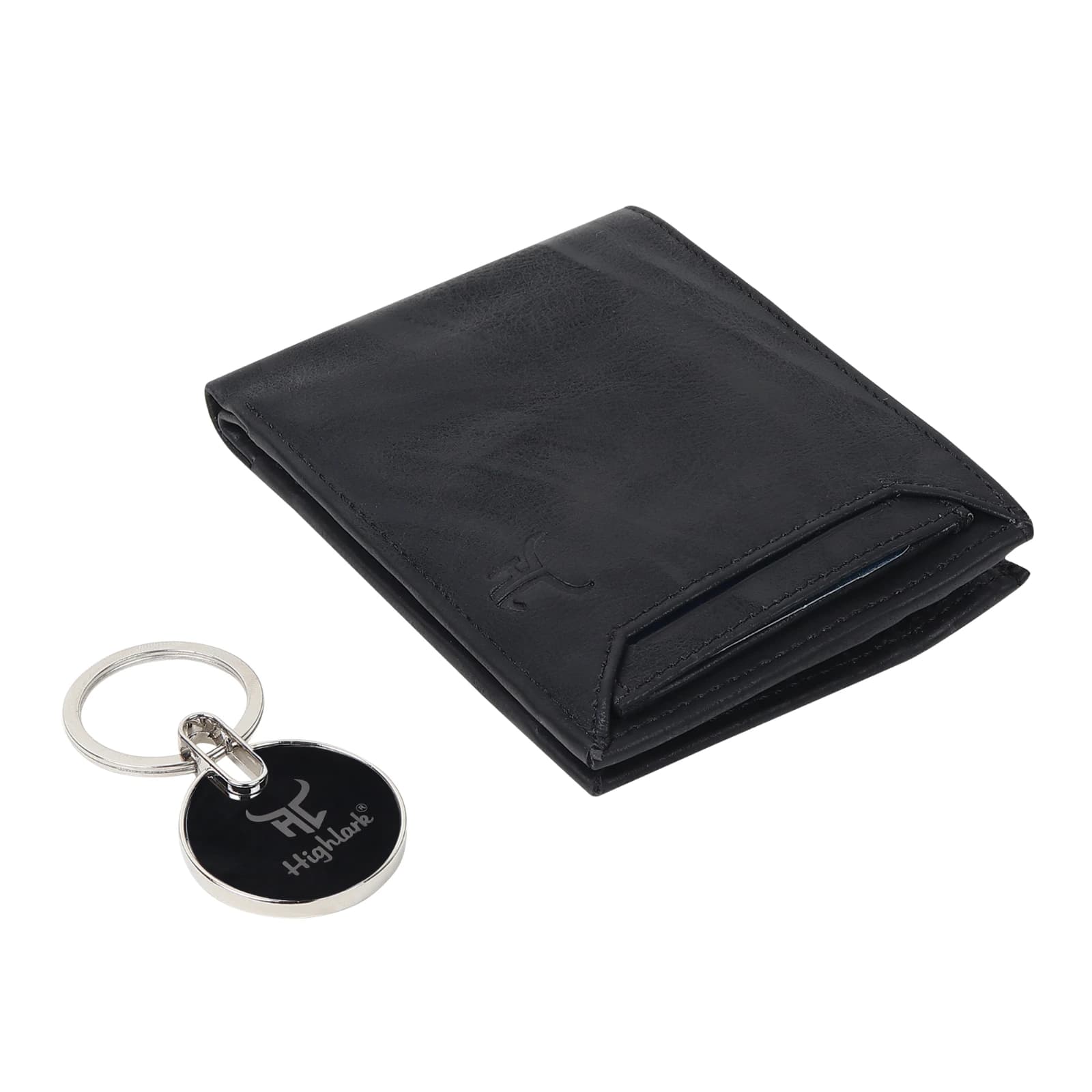 Highlark Men's Leather Bifold Wallet & Round Enamel Coin Medallion Keychain Combo Gift Set – Classic Matte Black 2