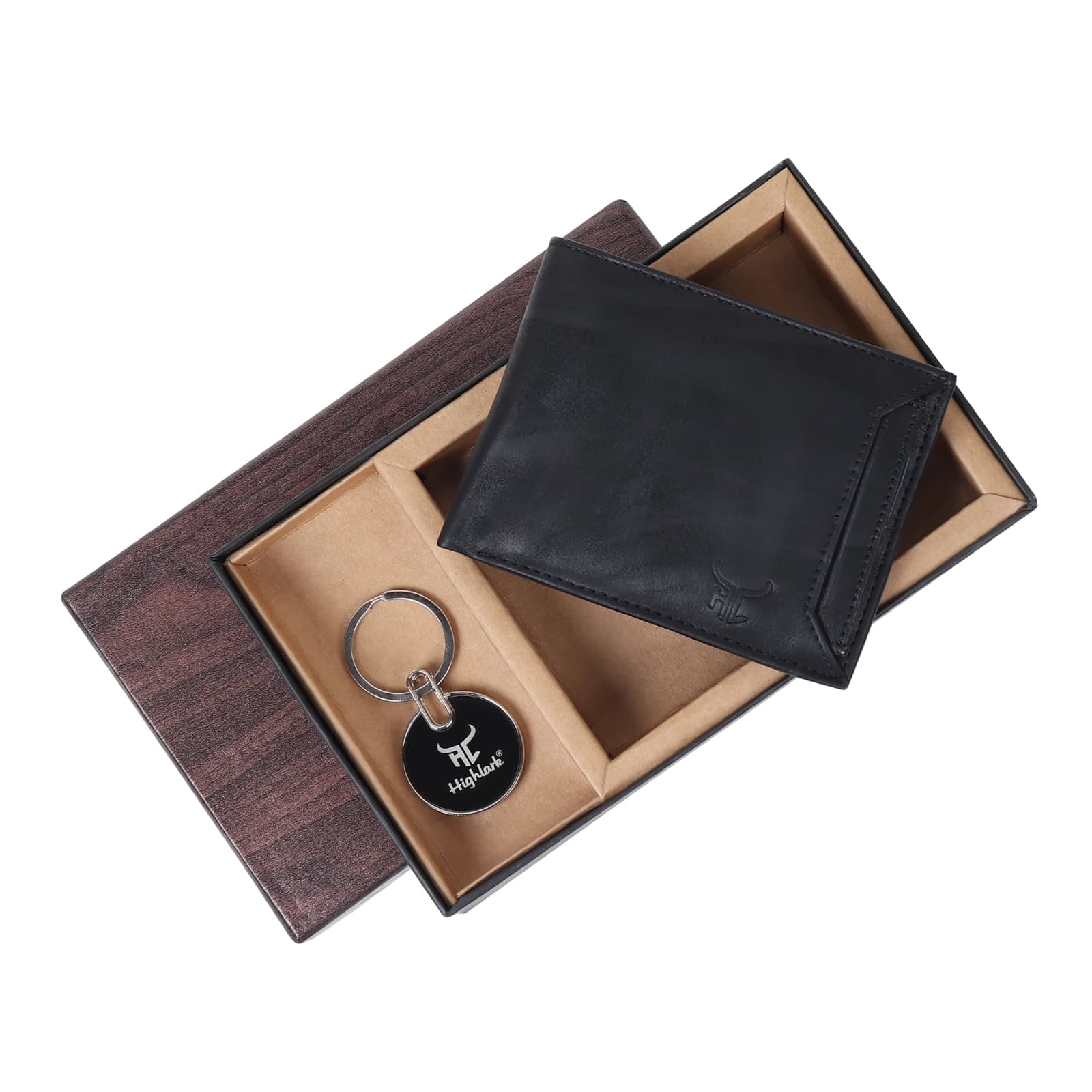Highlark Men's Leather Bifold Wallet & Round Enamel Coin Medallion Keychain Combo Gift Set – Classic Matte Black 3