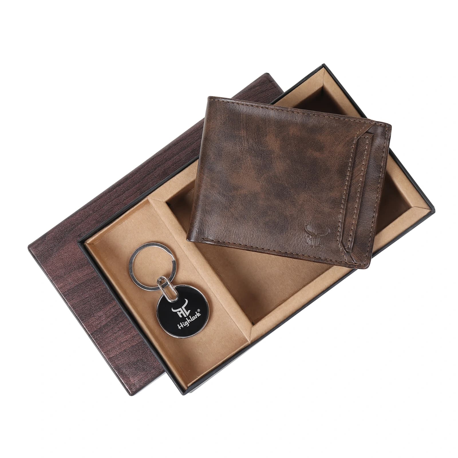 Highlark Men's Leather Bifold Wallet & Round Enamel Coin Medallion Keychain Combo Gift Set – Vintage Coffee Brown 3