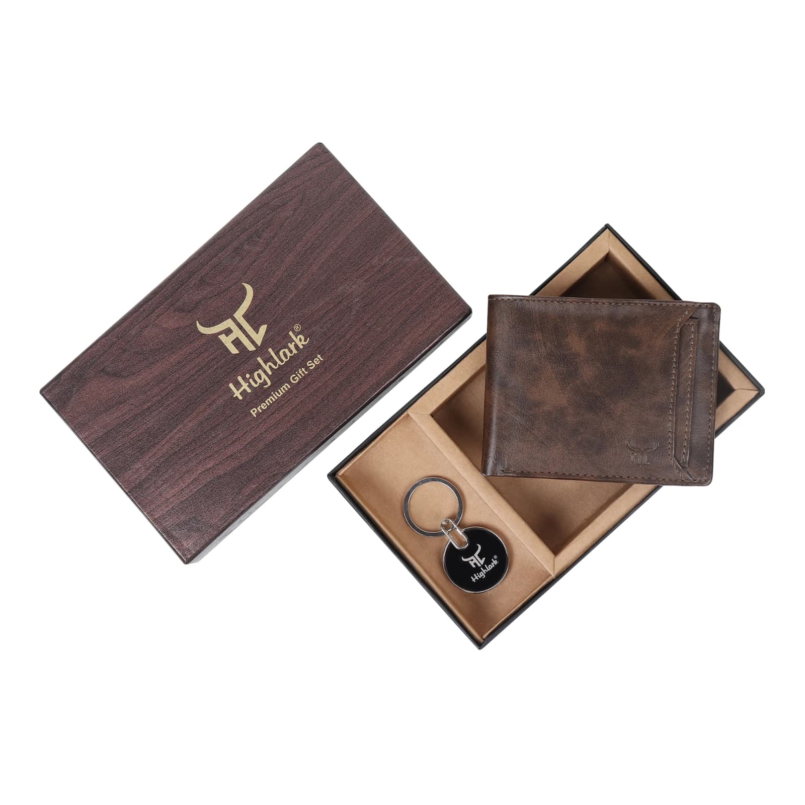 Highlark Men's Leather Bifold Wallet & Round Enamel Coin Medallion Keychain Combo Gift Set – Vintage Coffee Brown 1