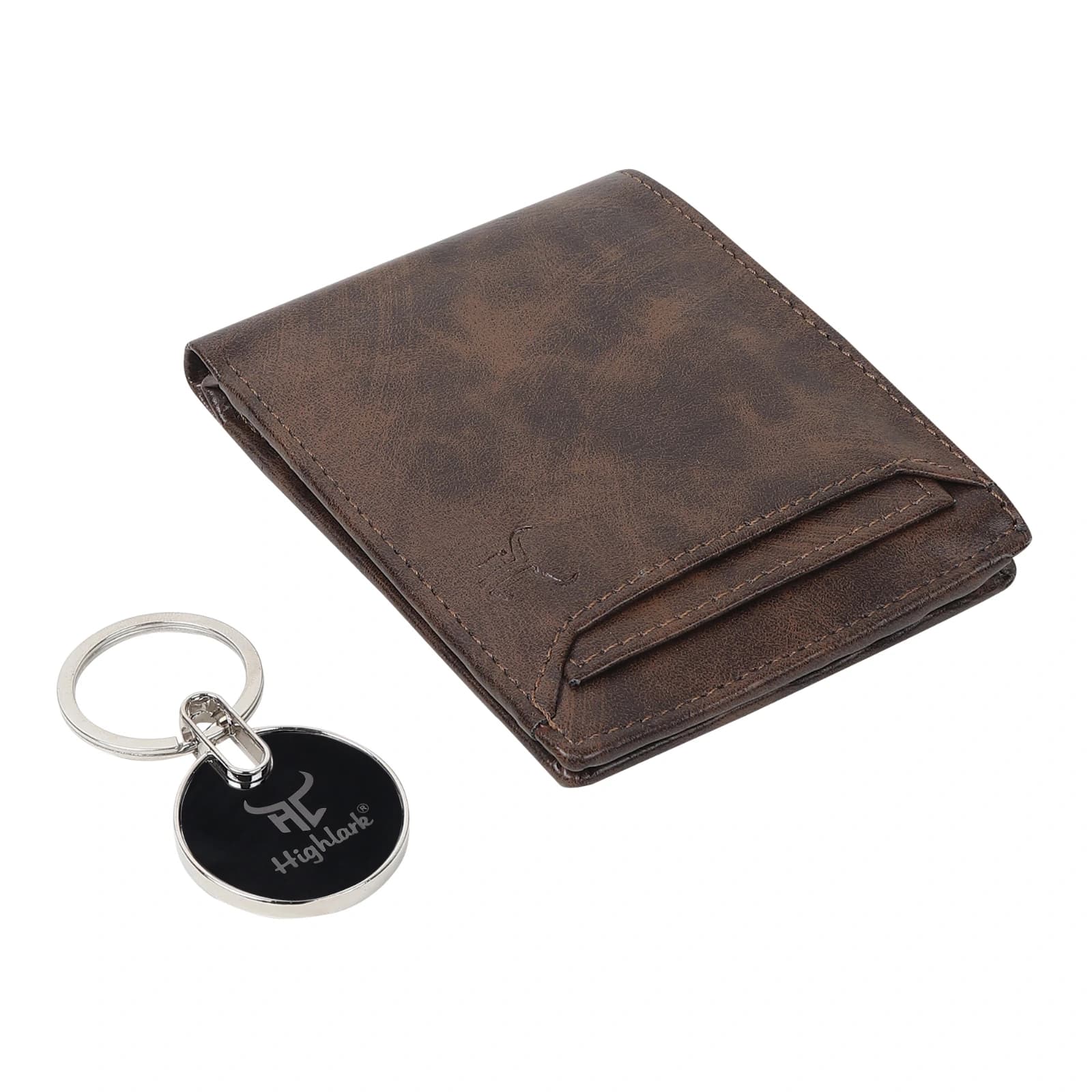 Highlark Men's Leather Bifold Wallet & Round Enamel Coin Medallion Keychain Combo Gift Set – Vintage Coffee Brown 2