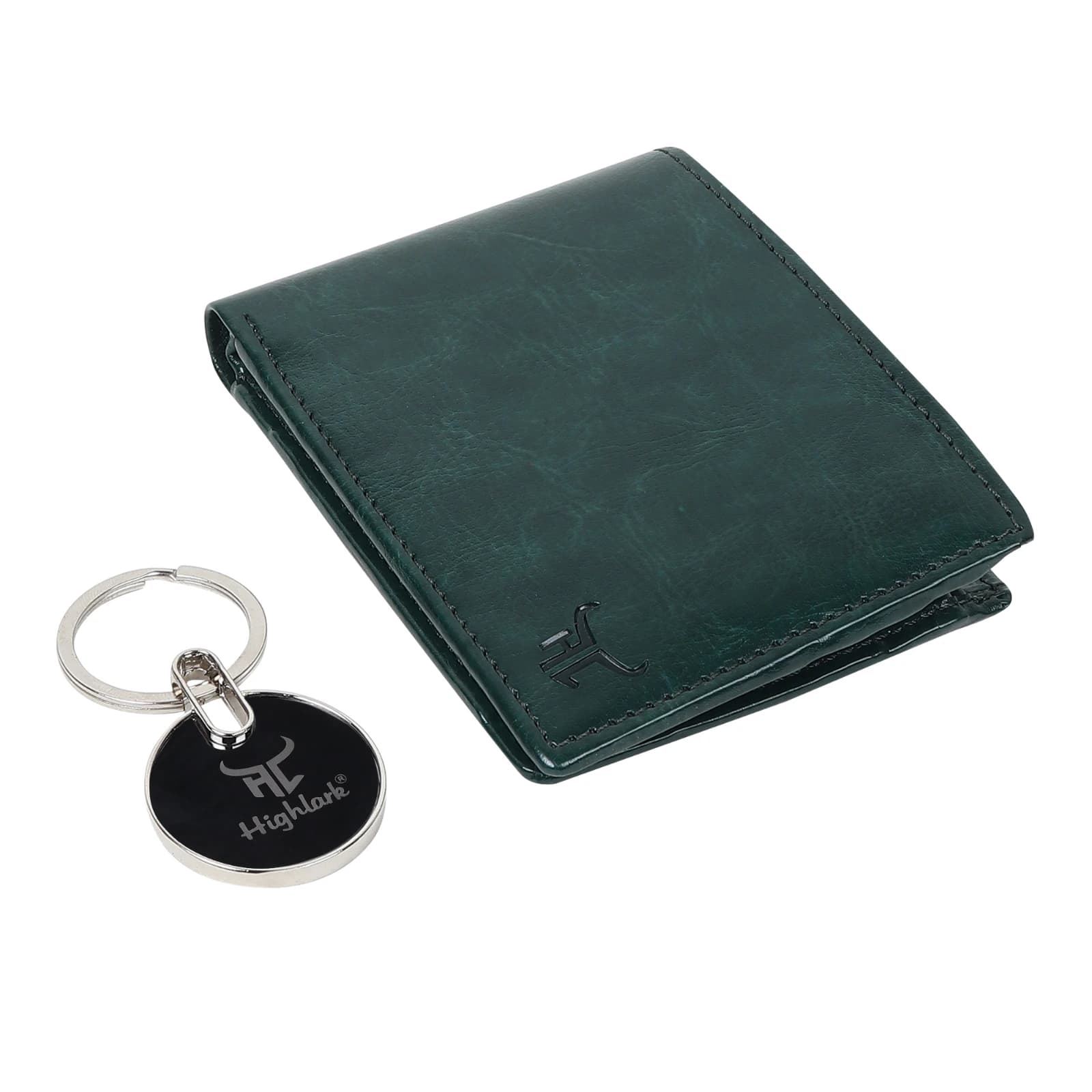 Highlark Men's Leather Bifold Wallet & Round Enamel Coin Medallion Keychain Combo Gift Set – Emerald Forest Green 2