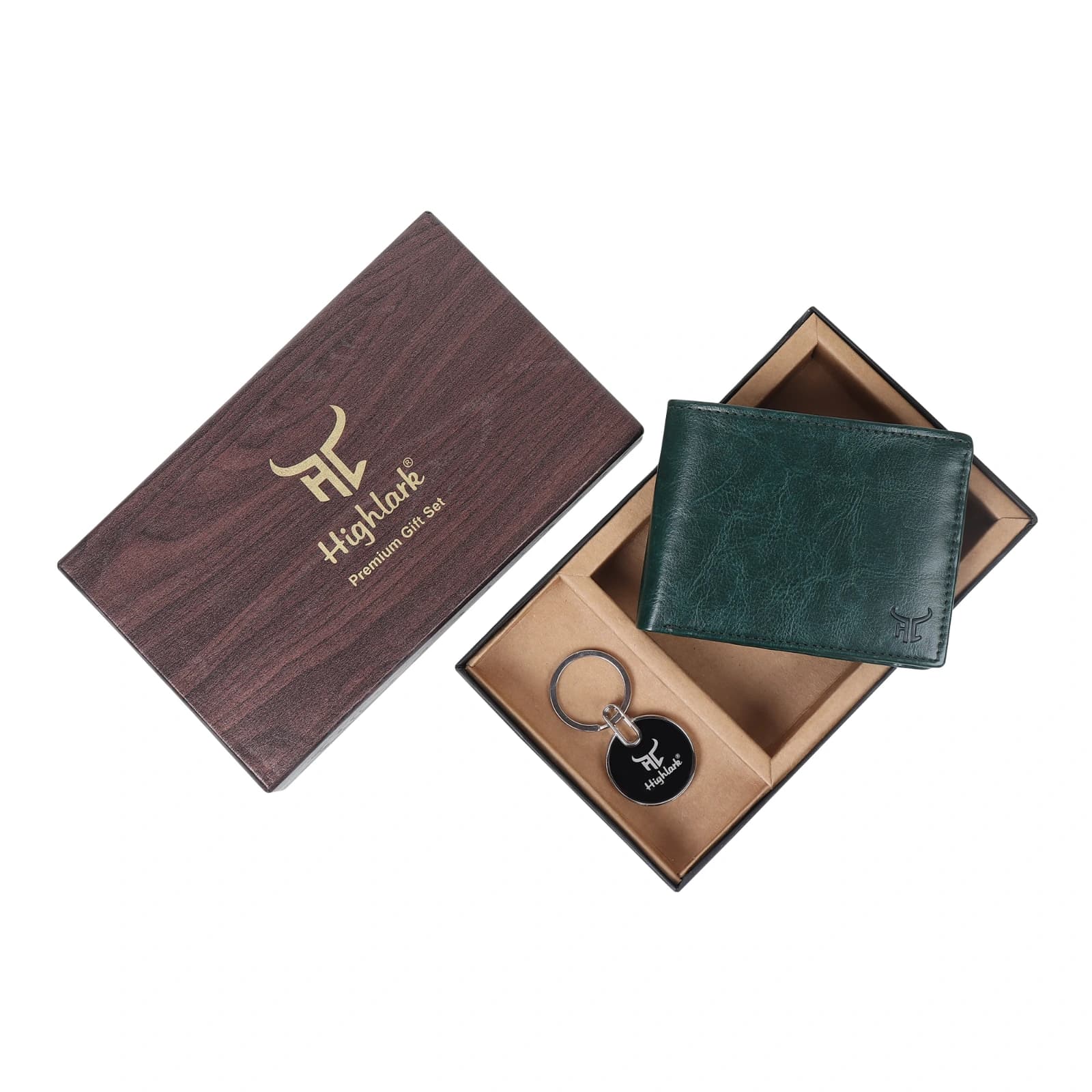 Highlark Men's Leather Bifold Wallet & Round Enamel Coin Medallion Keychain Combo Gift Set – Emerald Forest Green 1