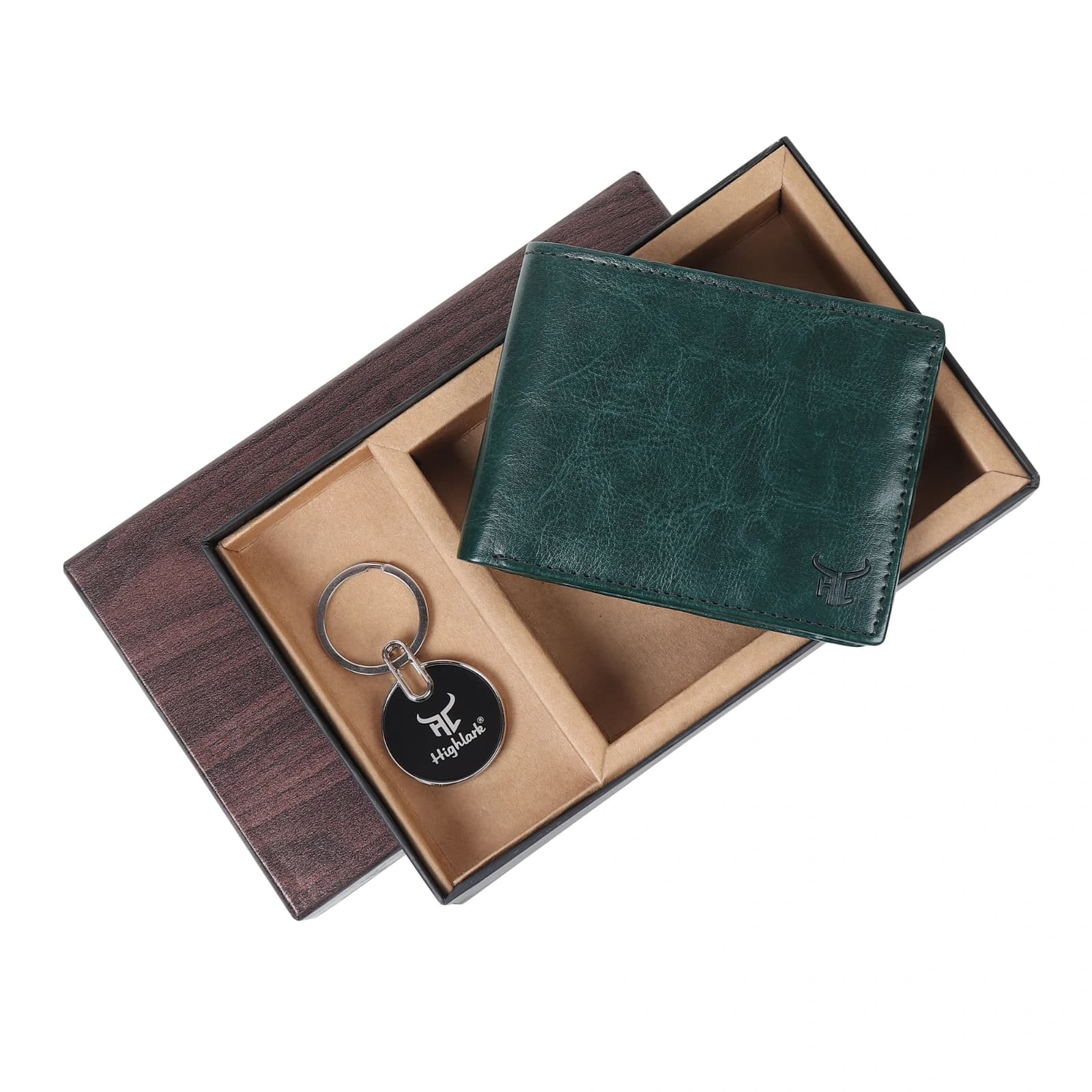 Highlark Men's Leather Bifold Wallet & Round Enamel Coin Medallion Keychain Combo Gift Set – Emerald Forest Green 3